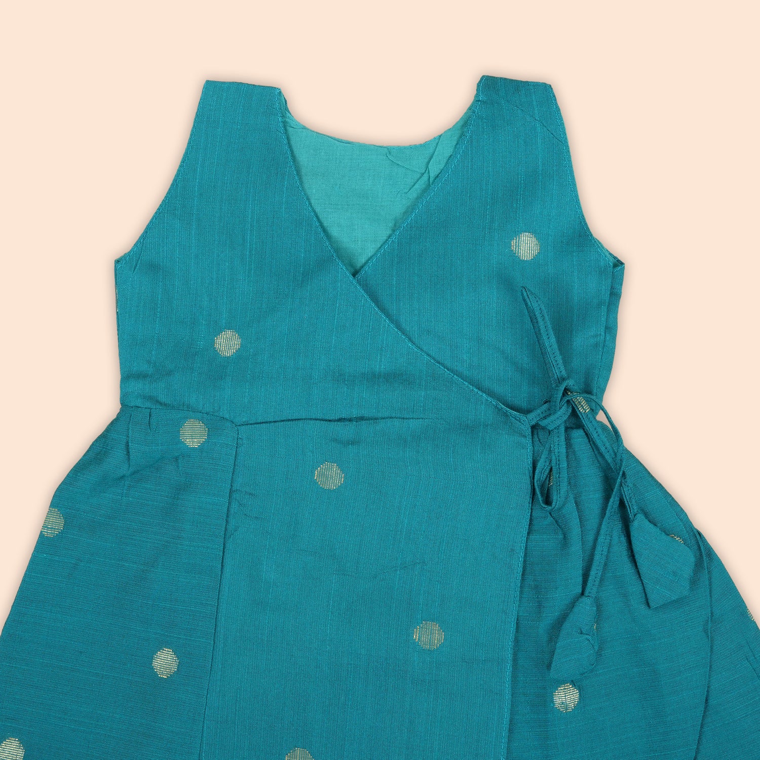 Teal Blue Baby Ethnic Silk Frock with Golden Buttas