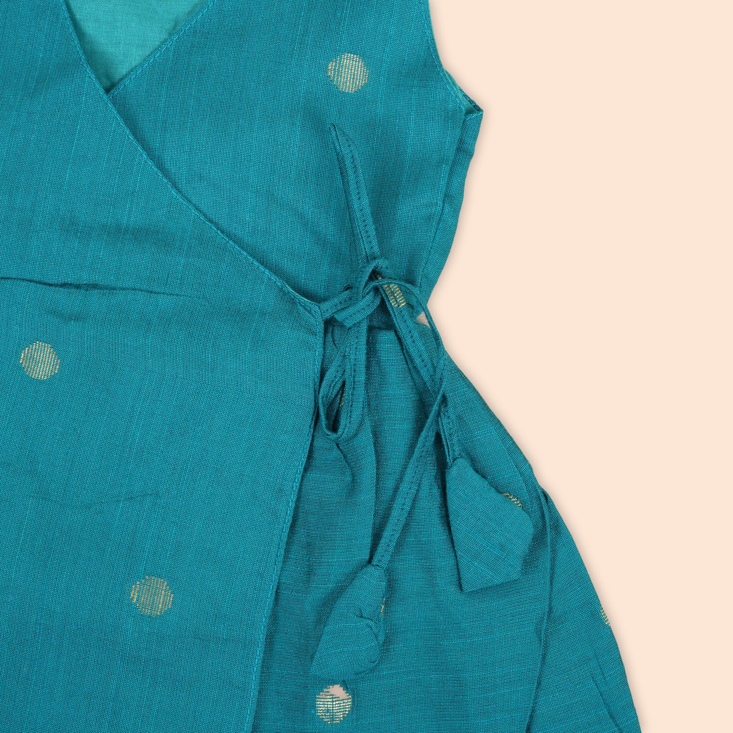 Teal Blue Baby Ethnic Silk Frock with Golden Buttas