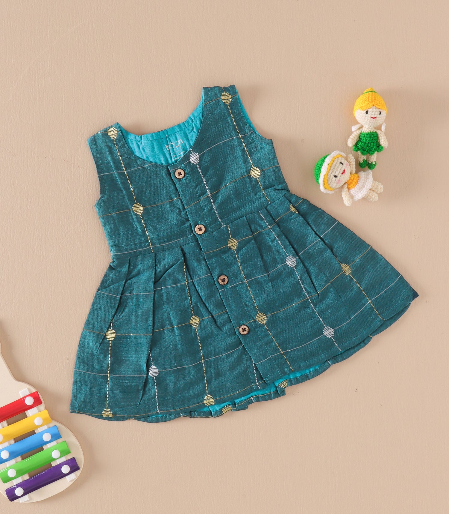 Teal Blue Ethnic Butta Sleeveless Silk Baby Frock