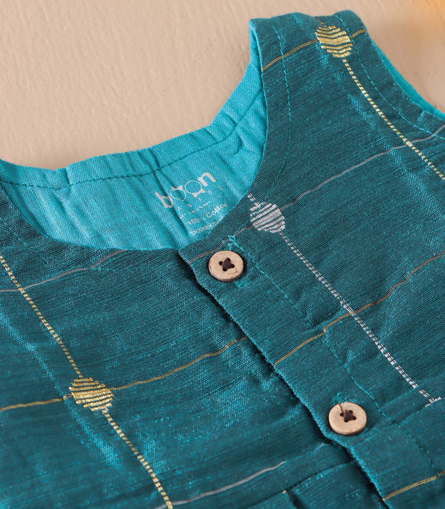 Teal Blue Ethnic Butta Sleeveless Silk Baby Frock