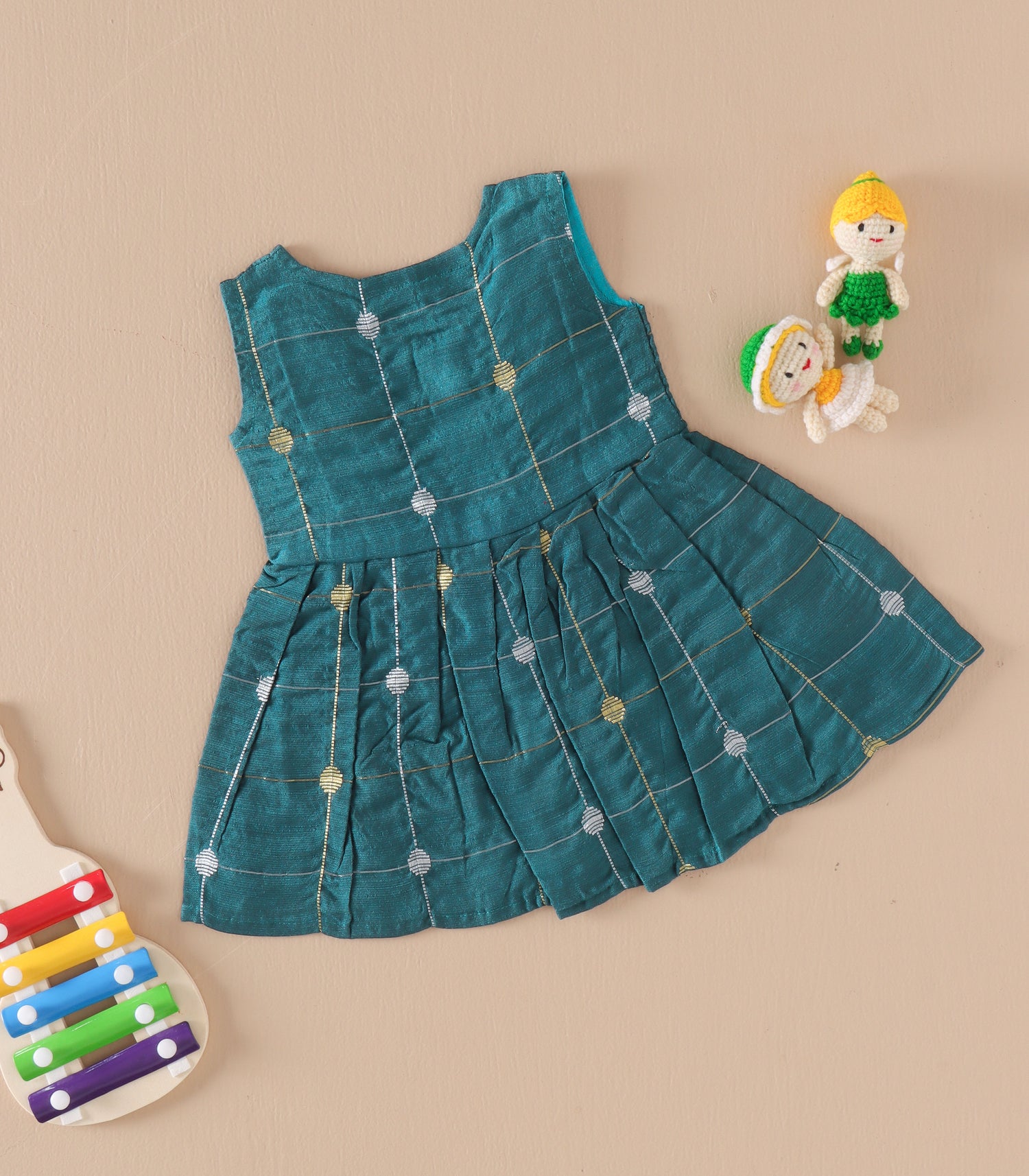 Teal Blue Ethnic Butta Sleeveless Silk Baby Frock