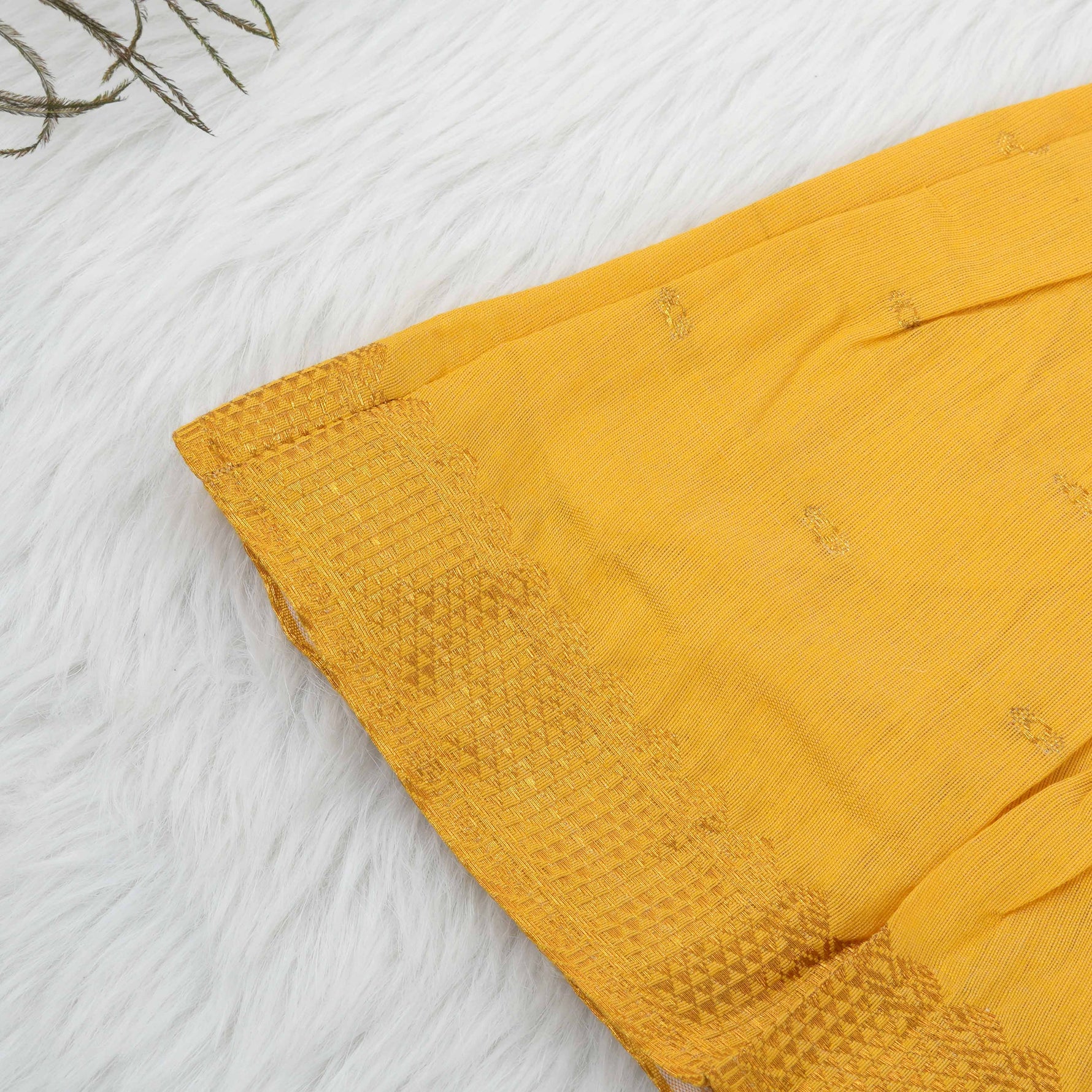 Mustard yellow silk knot frock with zari border for baby girls (0–12 months). Traditional, festive & comfortable.