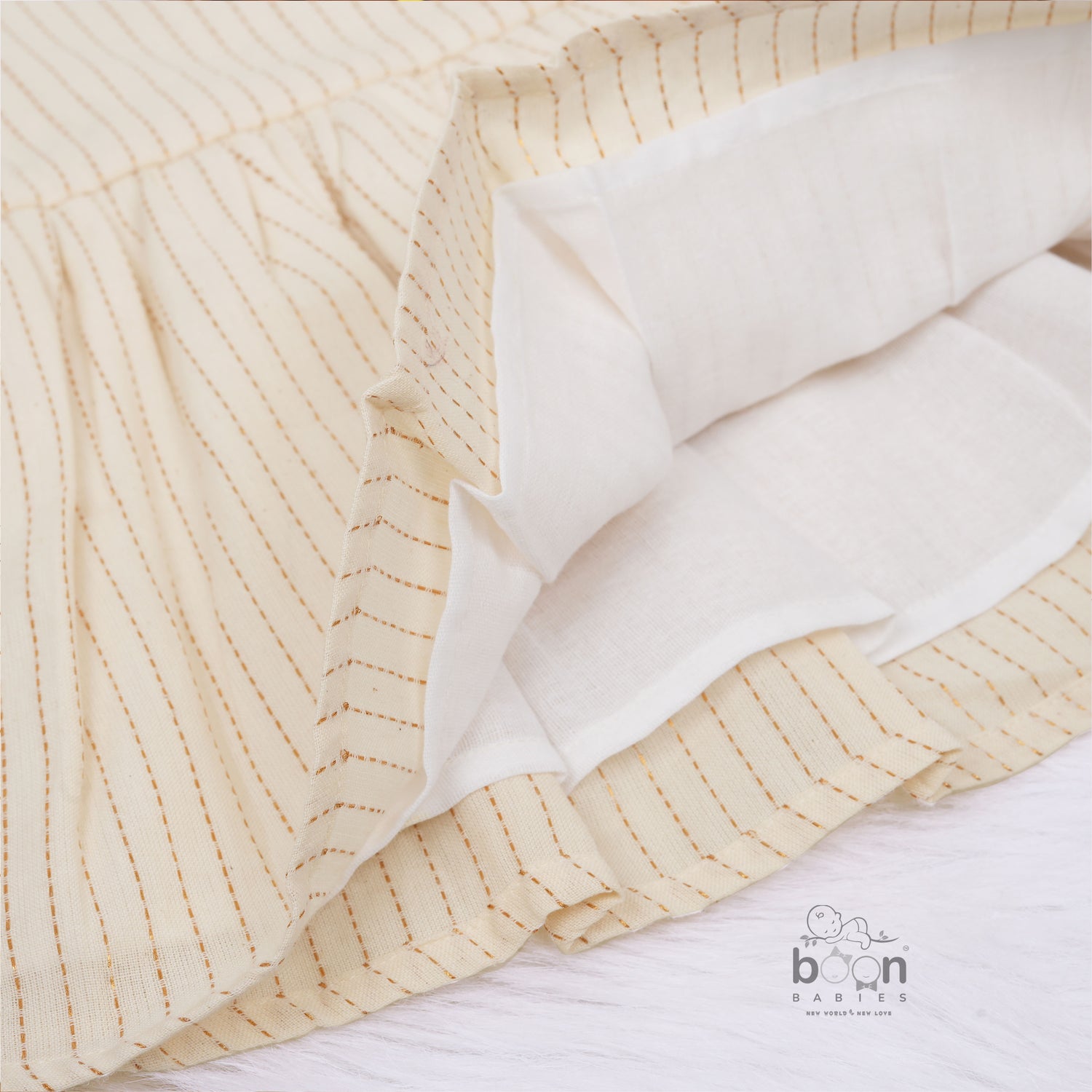 Girls Onam Sleeveless Silk Frock with Golden Stripes – Festive Wear