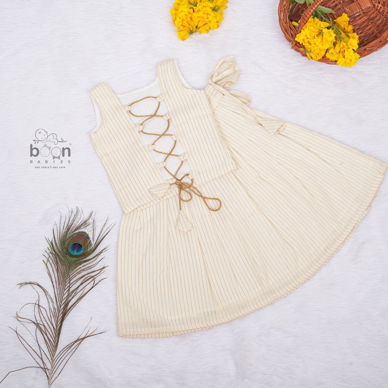 Girls Onam Sleeveless Silk Frock with Golden Stripes – Festive Wear