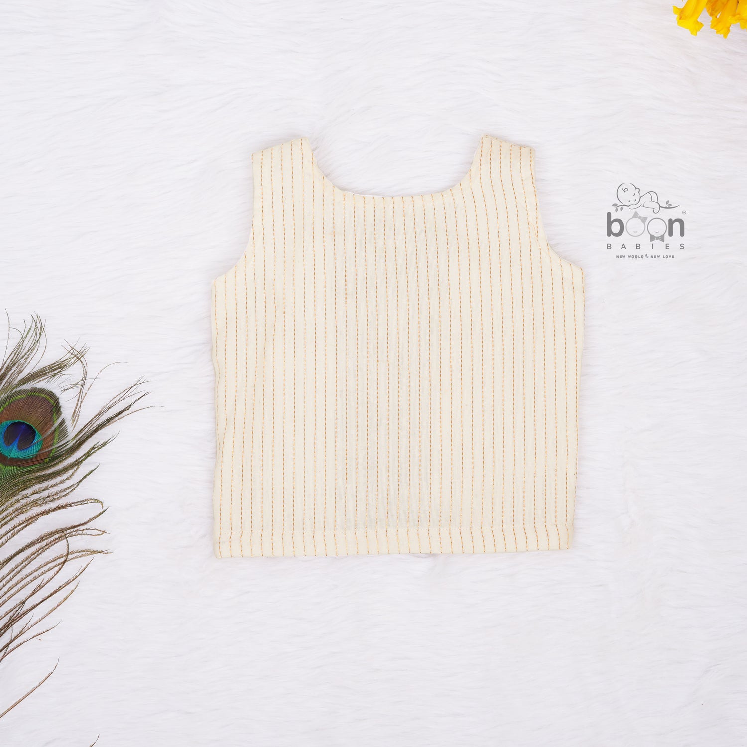 Girls Onam Sleeveless Silk Frock with Golden Stripes – Festive Wear