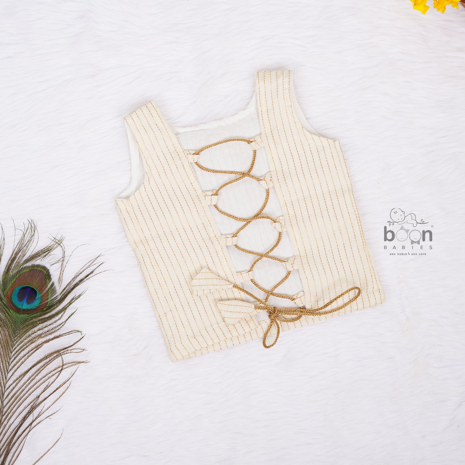 Girls Onam Sleeveless Silk Frock with Golden Stripes – Festive Wear