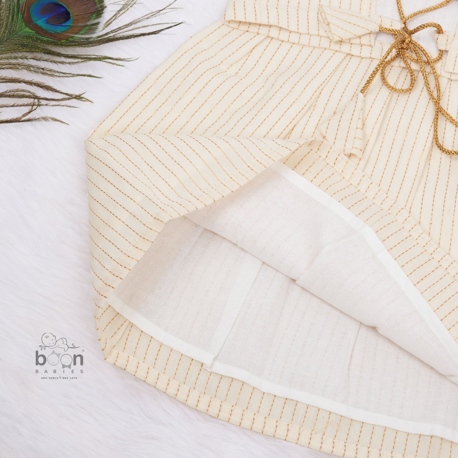 Girls Onam Sleeveless Silk Frock with Golden Stripes – Festive Wear