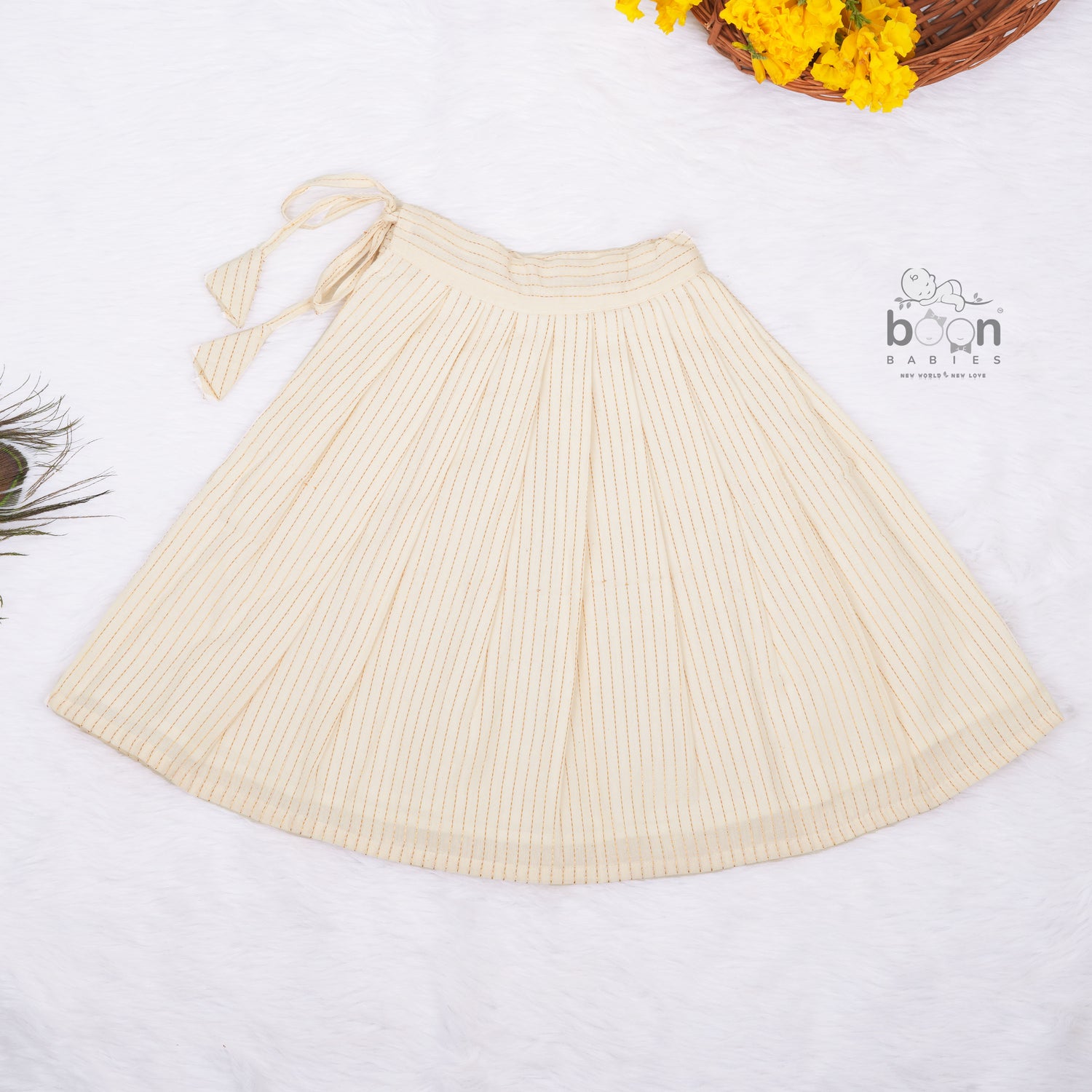 Girls Onam Sleeveless Silk Frock with Golden Stripes – Festive Wear