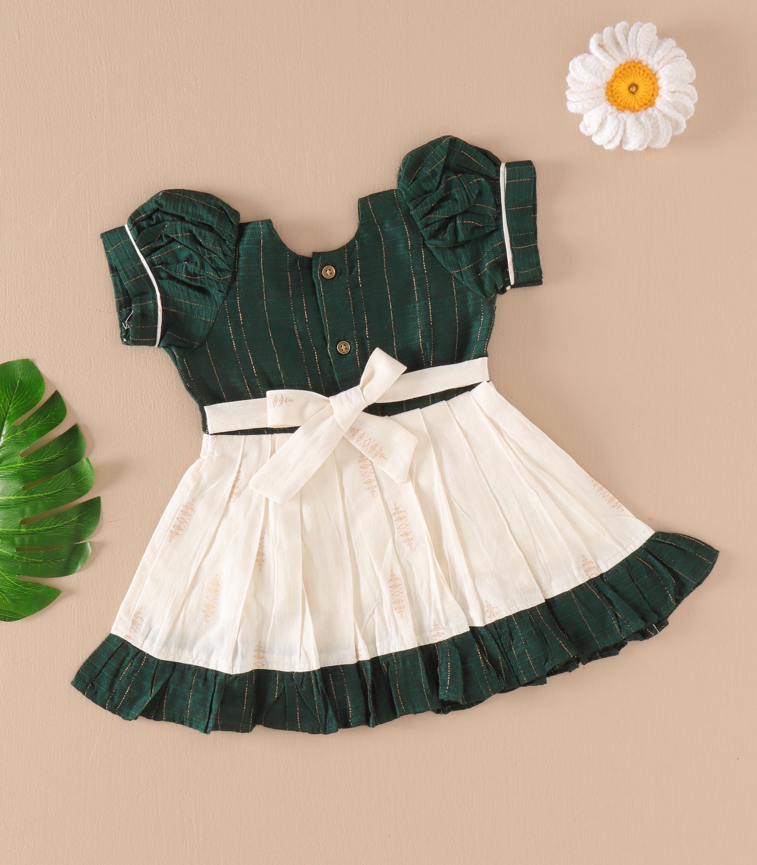 Dark Green & Cream Silk Puff Frock with Ruffled Hem & Golden Zari Stripes