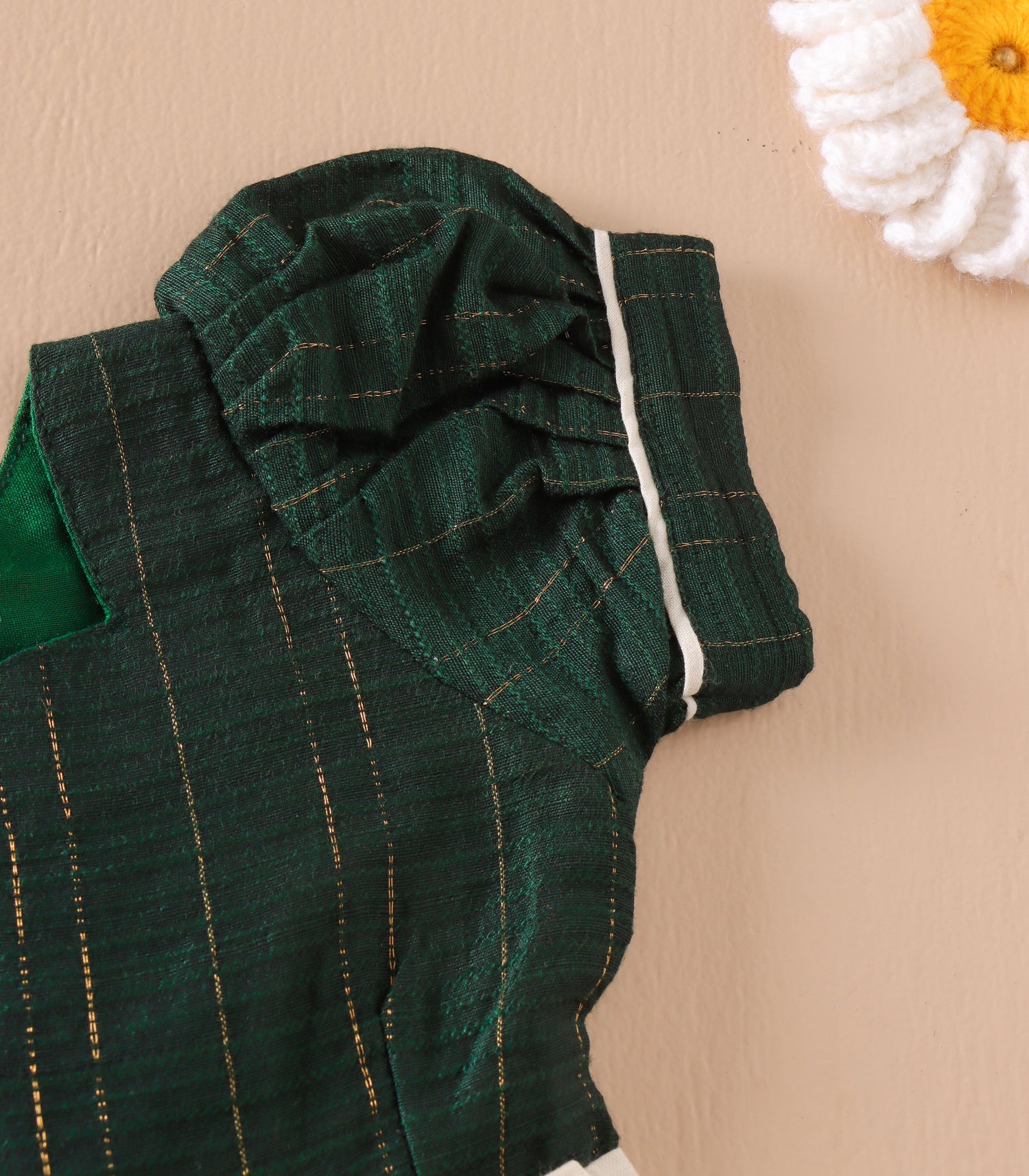 Dark Green & Cream Silk Puff Frock with Ruffled Hem & Golden Zari Stripes