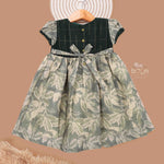 Dark Green Silk Ethnic Frock For Girls Olive Leaf Print