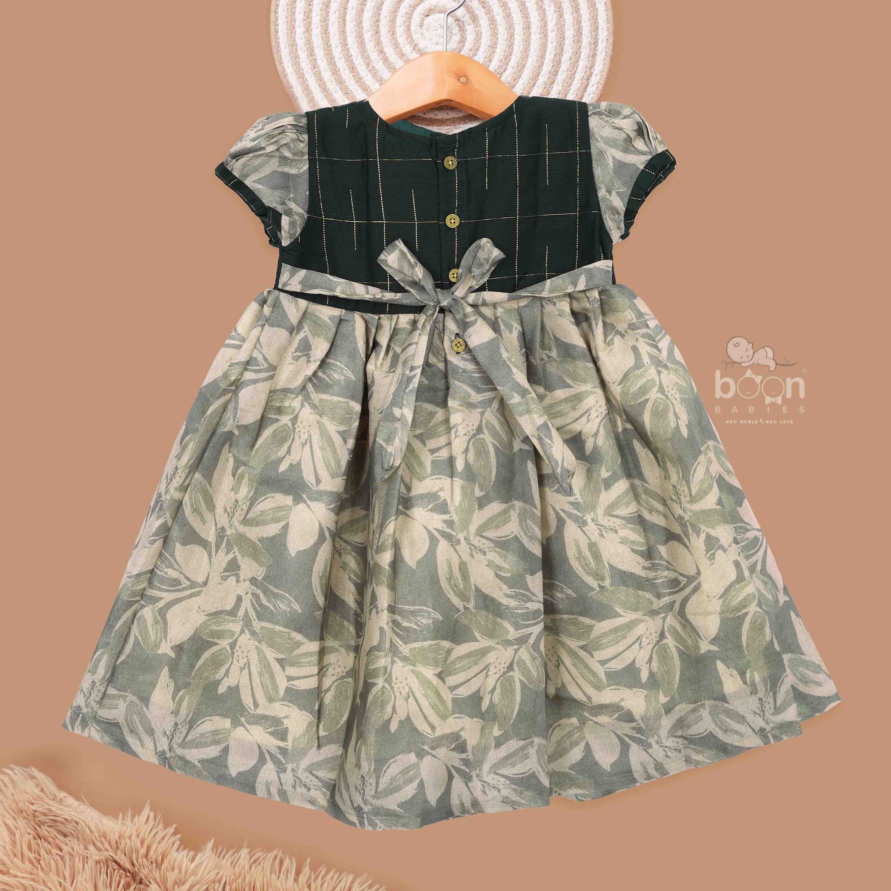 Dark Green Silk Ethnic Frock For Girls Olive Leaf Print