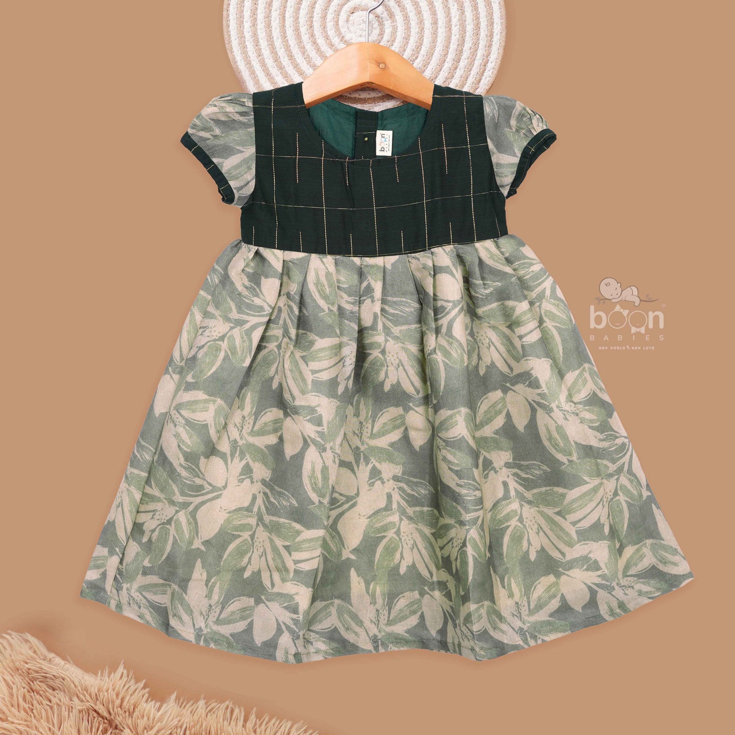 Dark Green Silk Ethnic Frock For Girls Olive Leaf Print