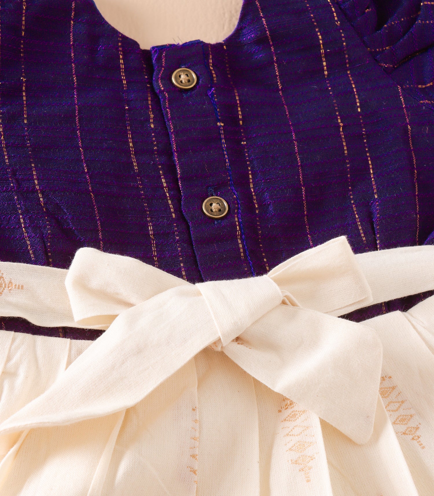Purple & Cream Silk Puff Frock with Golden Zari Stripes
