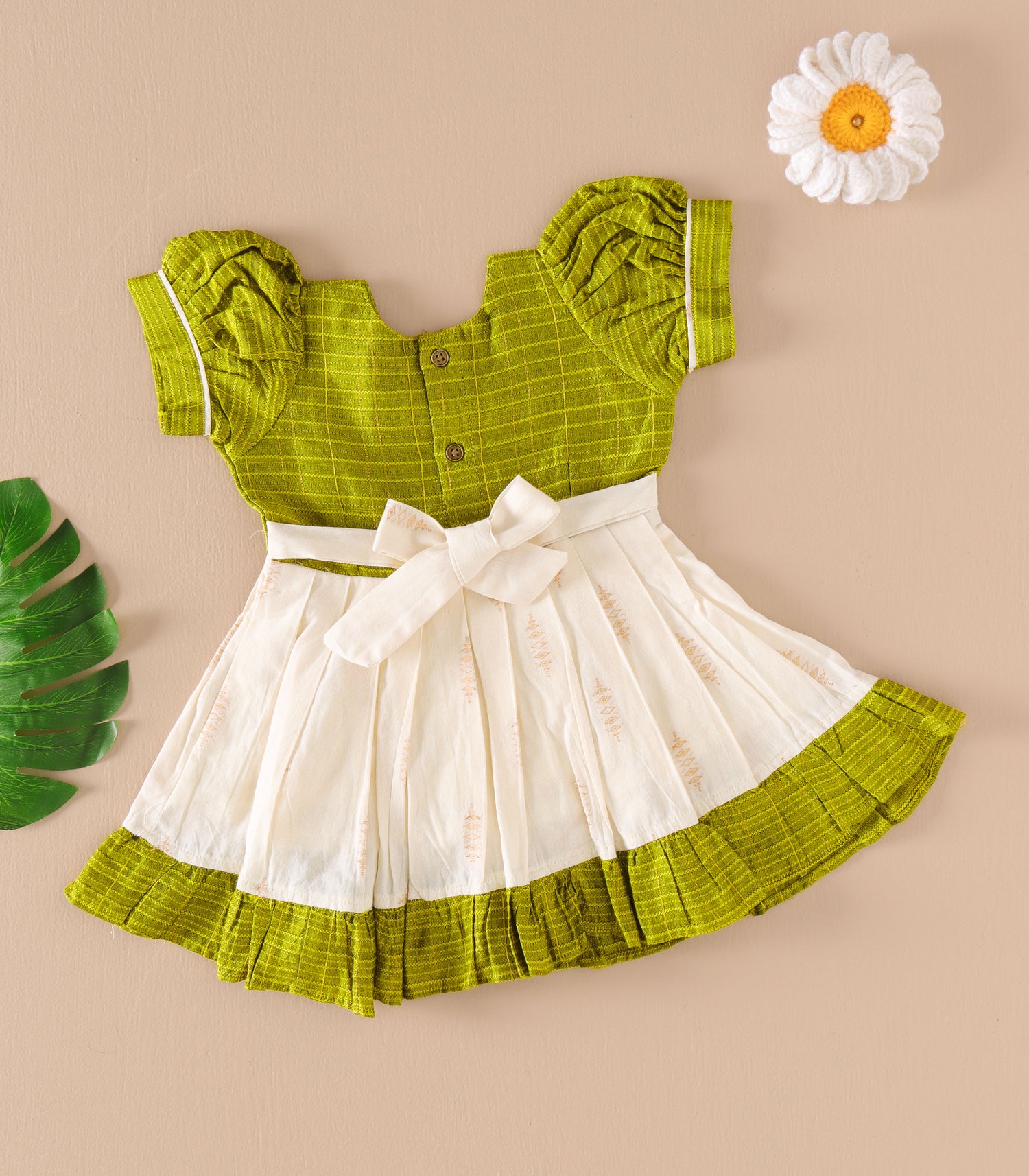Lime Green & Cream Silk Puff Frock with Layered Frill Border