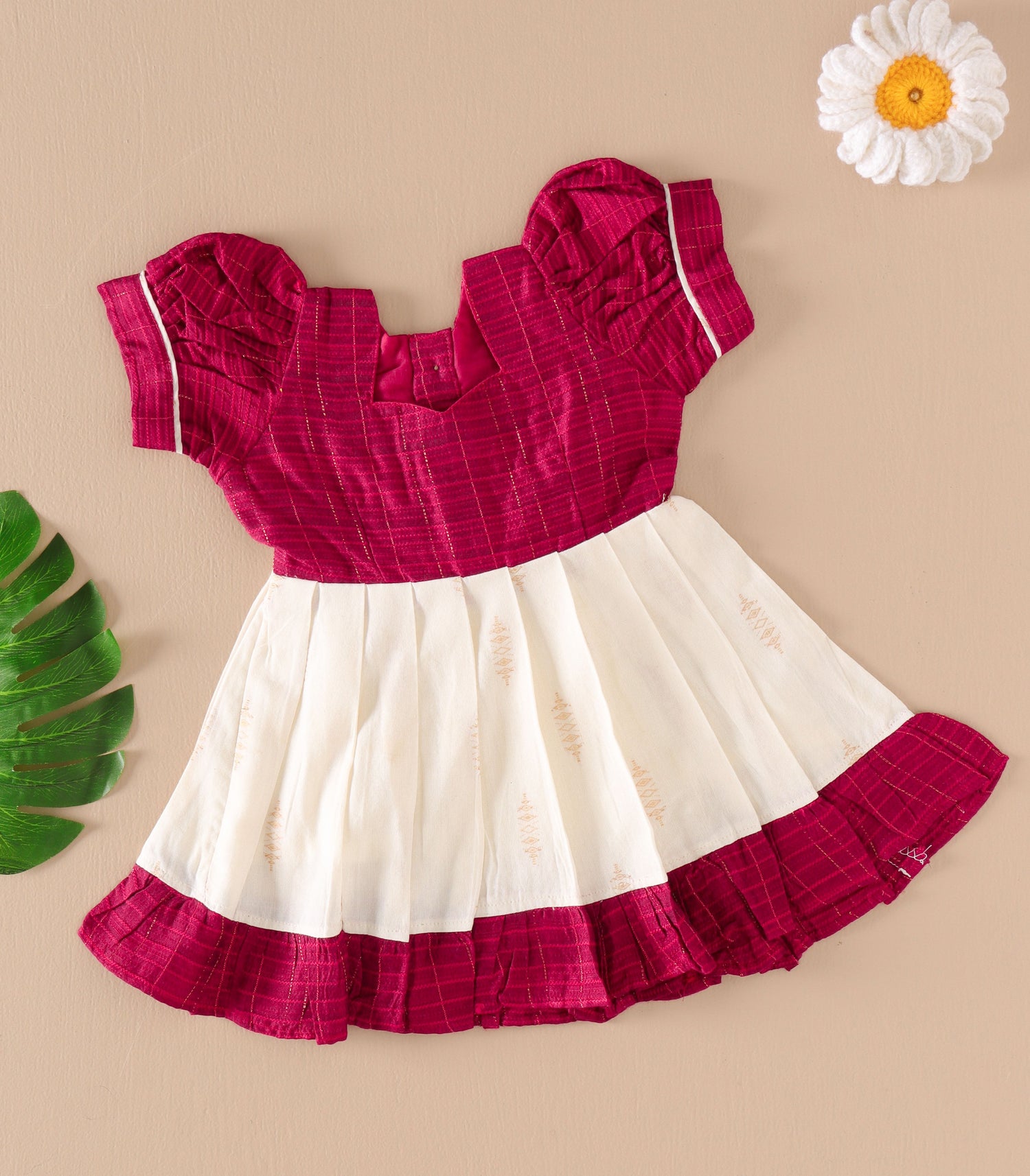 Magenta & Cream Silk Puff Frock with Ruffled Hem and Traditional Pleats