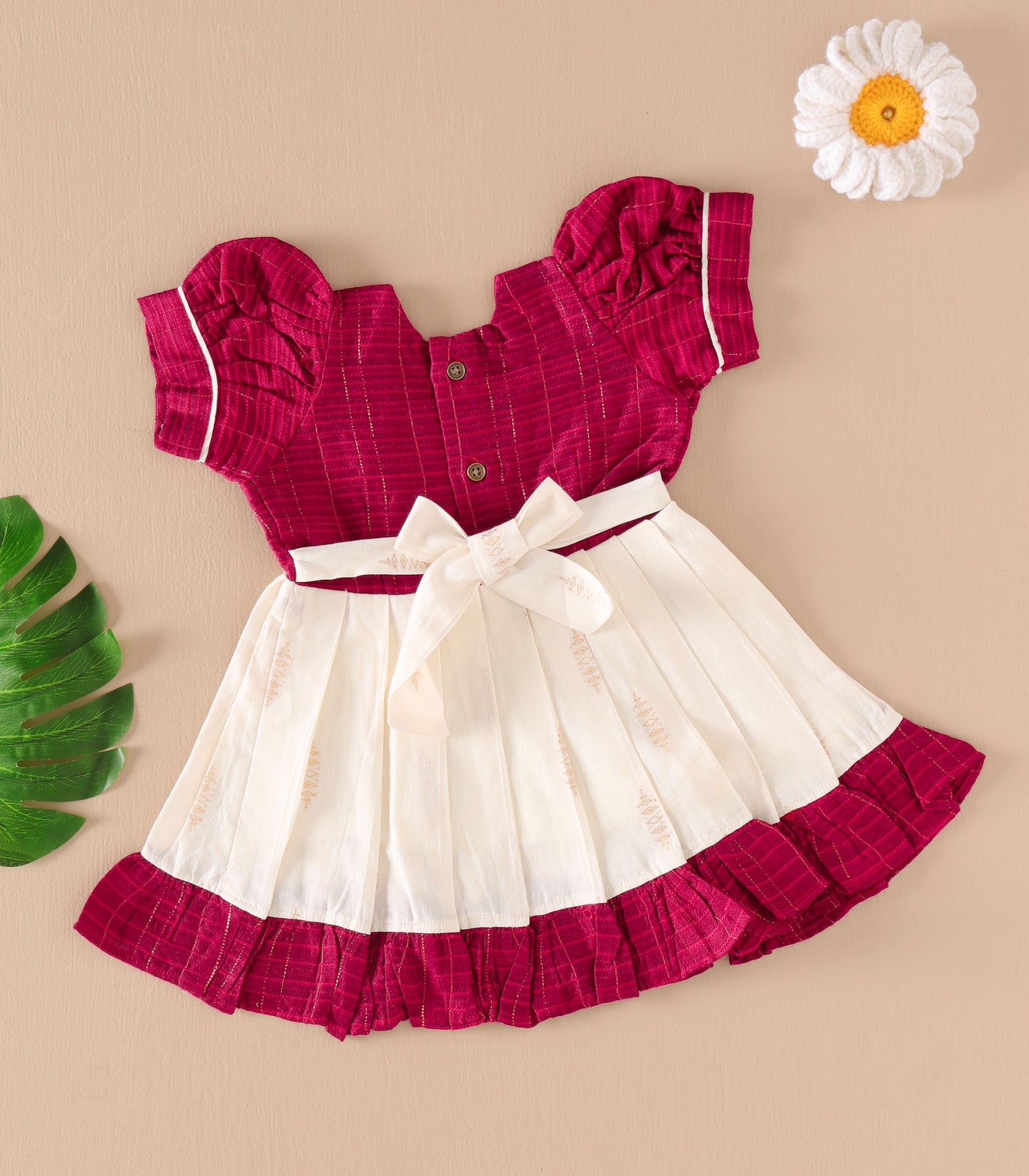 Magenta & Cream Silk Puff Frock with Ruffled Hem and Traditional Pleats
