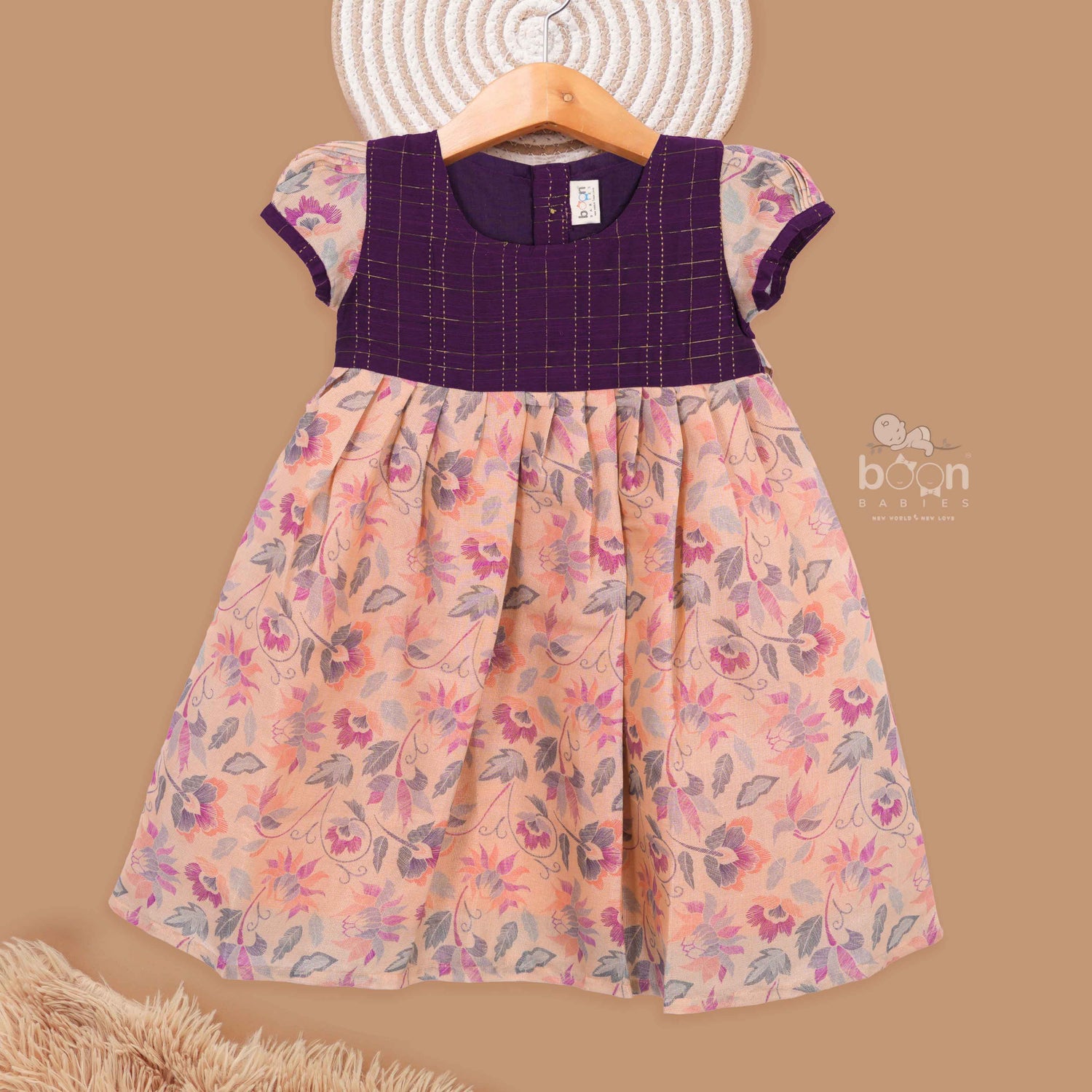 Elegant Purple Silk Kids Ethnic Wear For Girls with Peach Floral Print