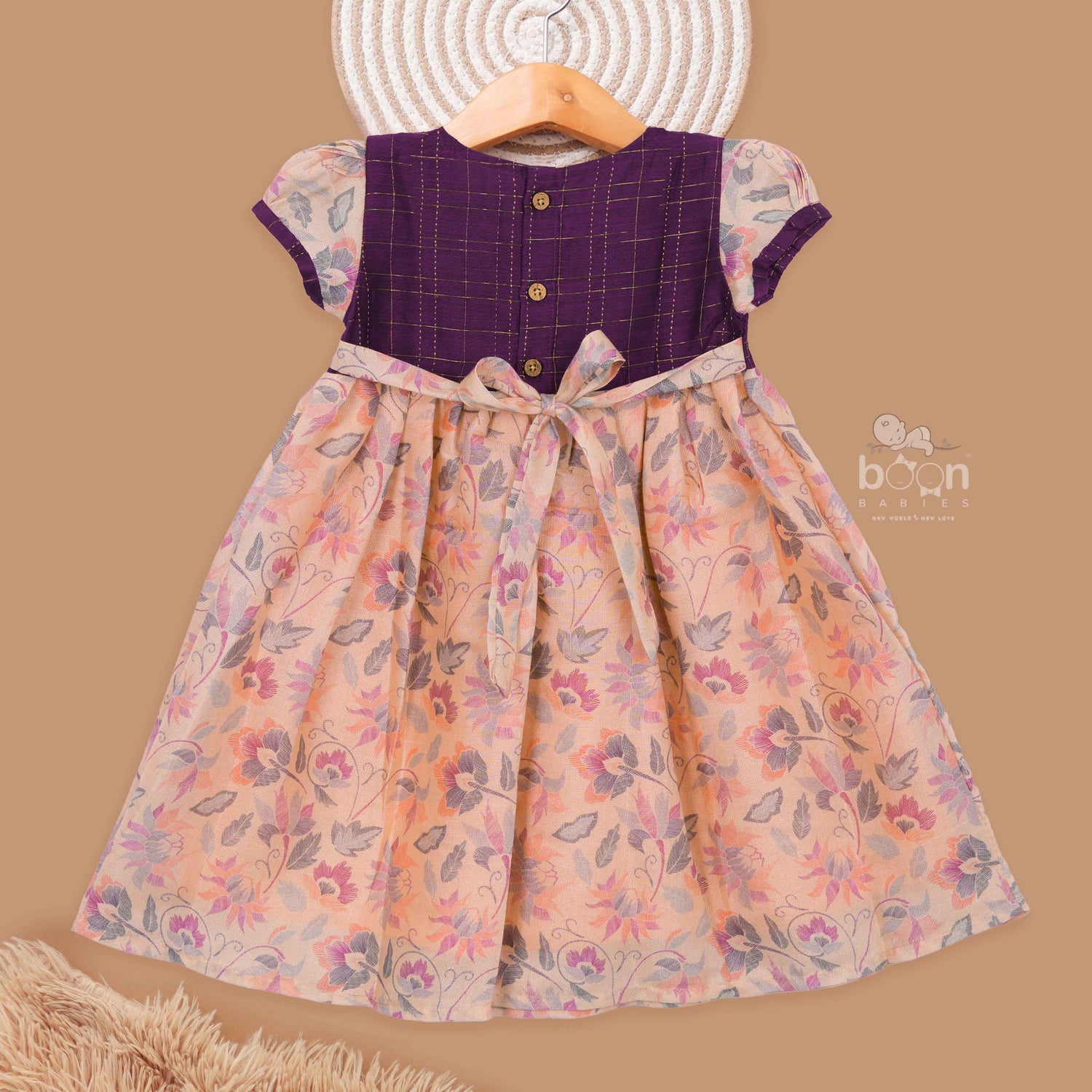 Elegant Purple Silk Kids Ethnic Wear For Girls with Peach Floral Print