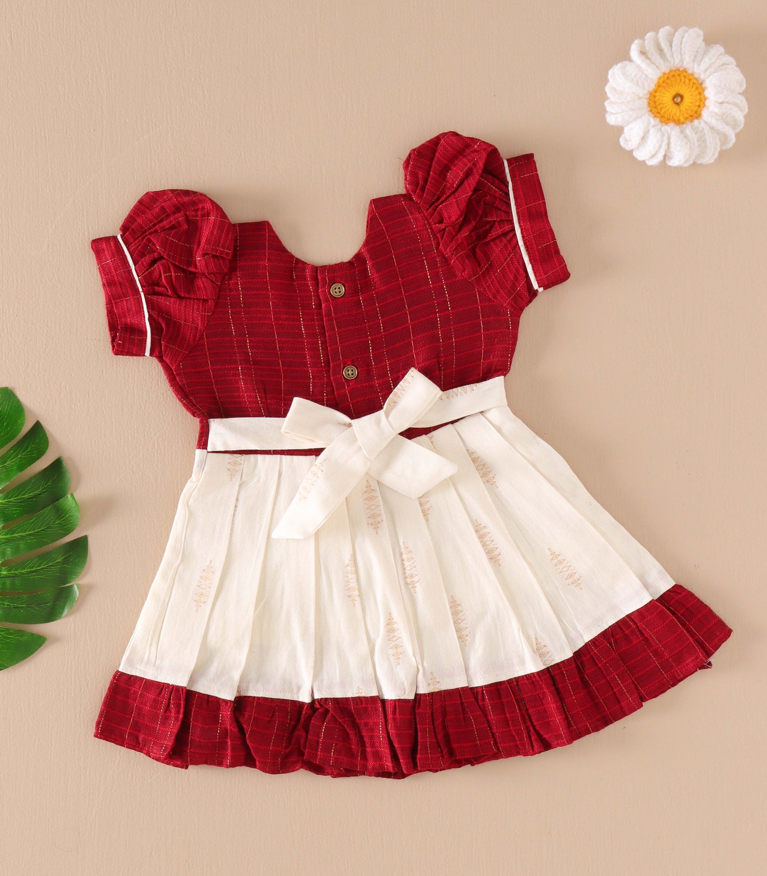Red & Cream Silk Puff Frock with Golden Zari Checks