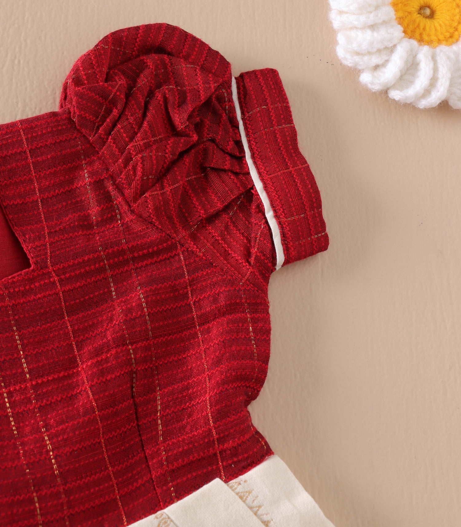 Red & Cream Silk Puff Frock with Golden Zari Checks