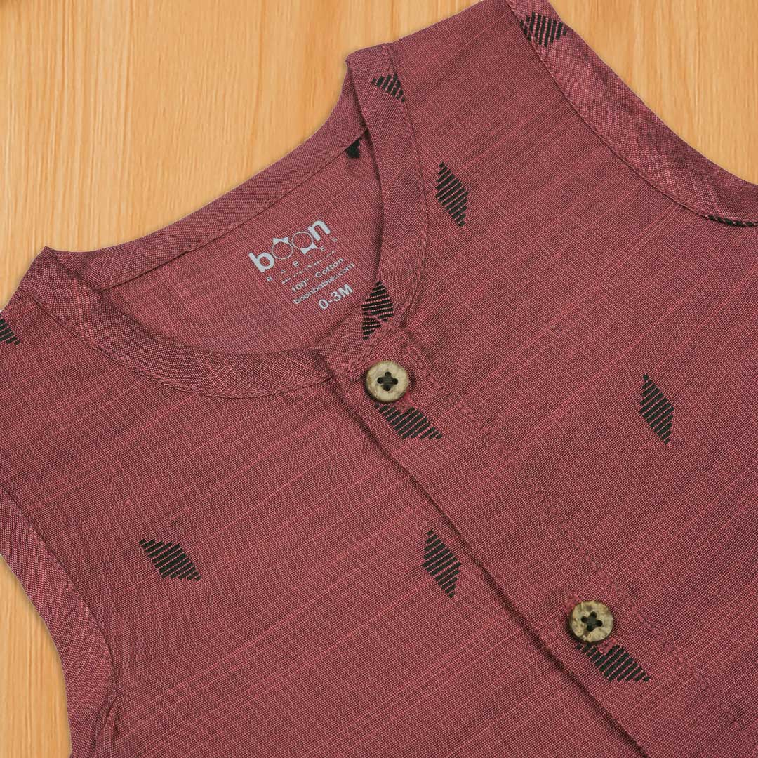 Maroon ethnic Jabla for babies with wooden buttons, soft and traditional design by Boon Babies.