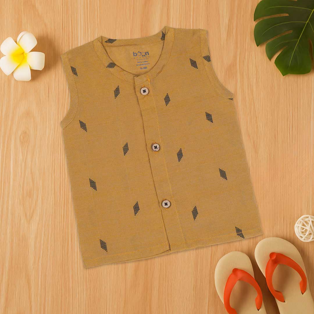 Mustard ethnic Jabla for babies by Boon Babies, featuring wooden buttons, soft fabric, and traditional design for 3-month-old infants.