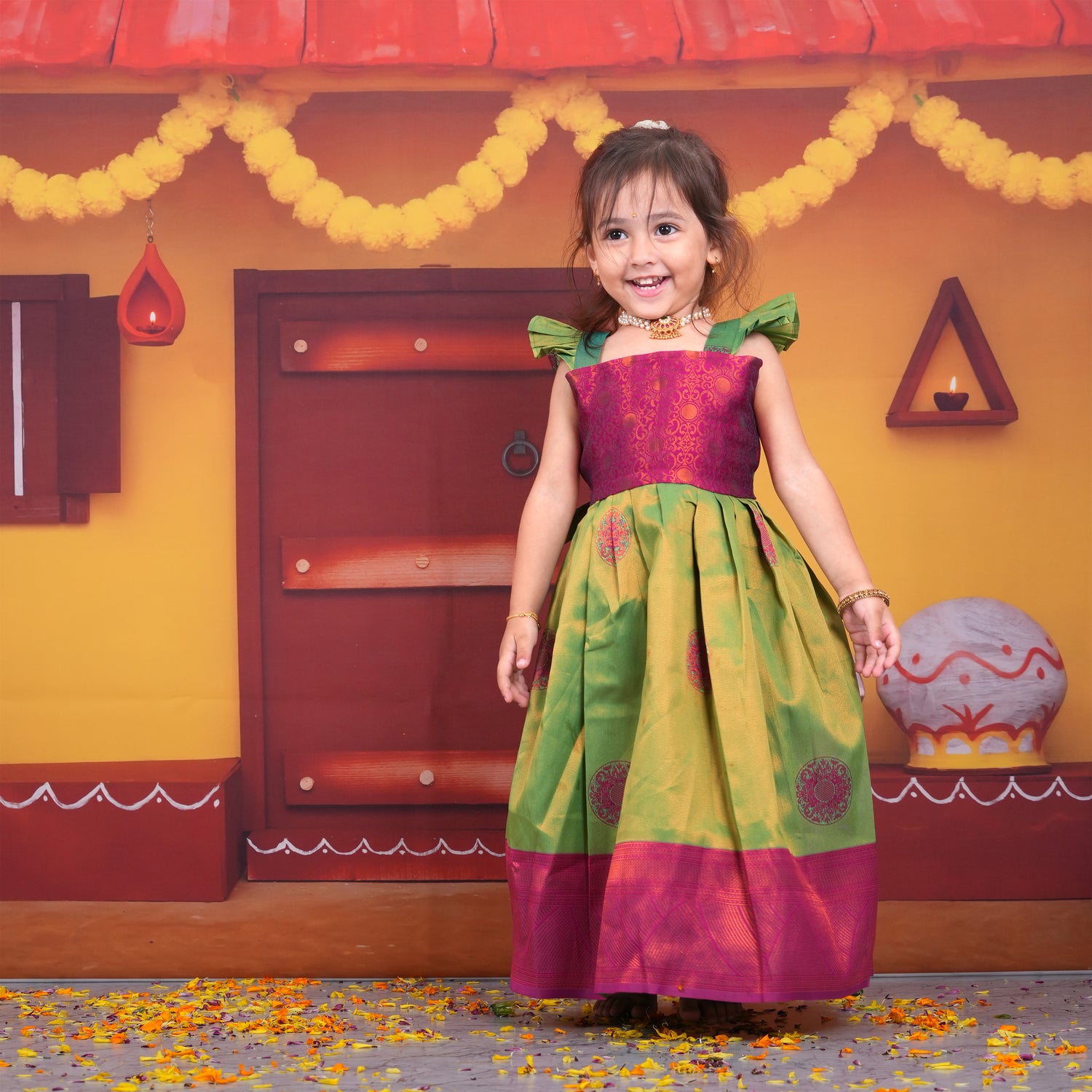 Charming Green and Pink Ethnic Pattu Pavadai Set for Girls Boon Babies