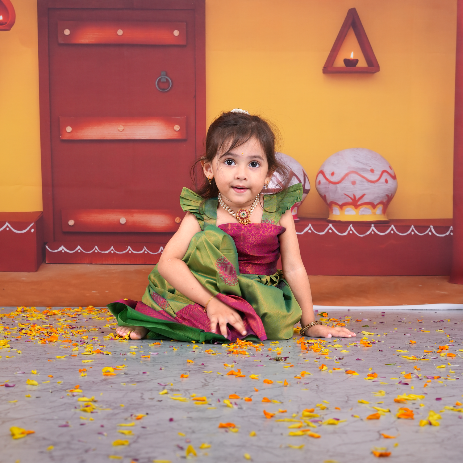 Charming Green and Pink Ethnic Pattu Pavadai Set for Girls Boon Babies