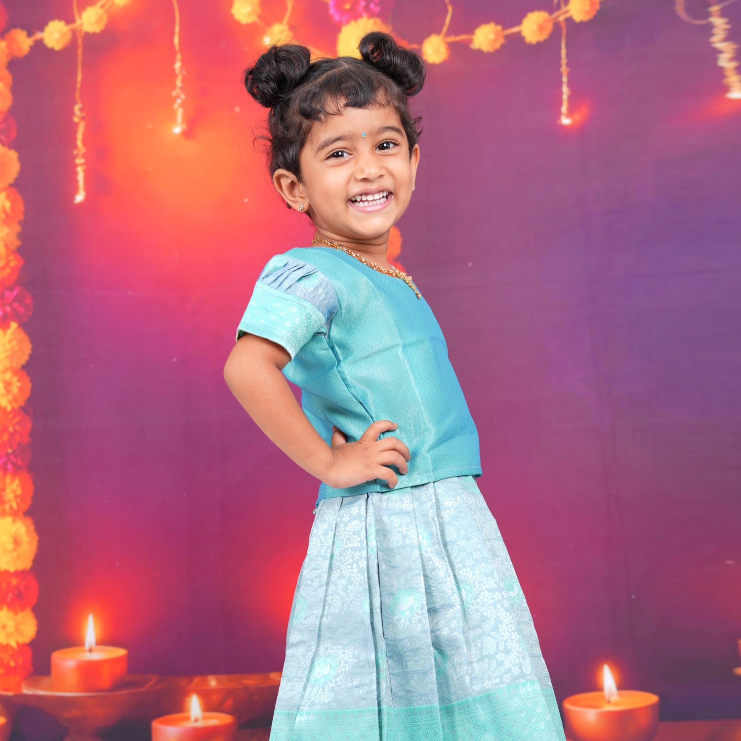 Aqua Blue and Sky Blue Brocade Lehenga Set for Girls - Elegant Festive Wear Boon Babies