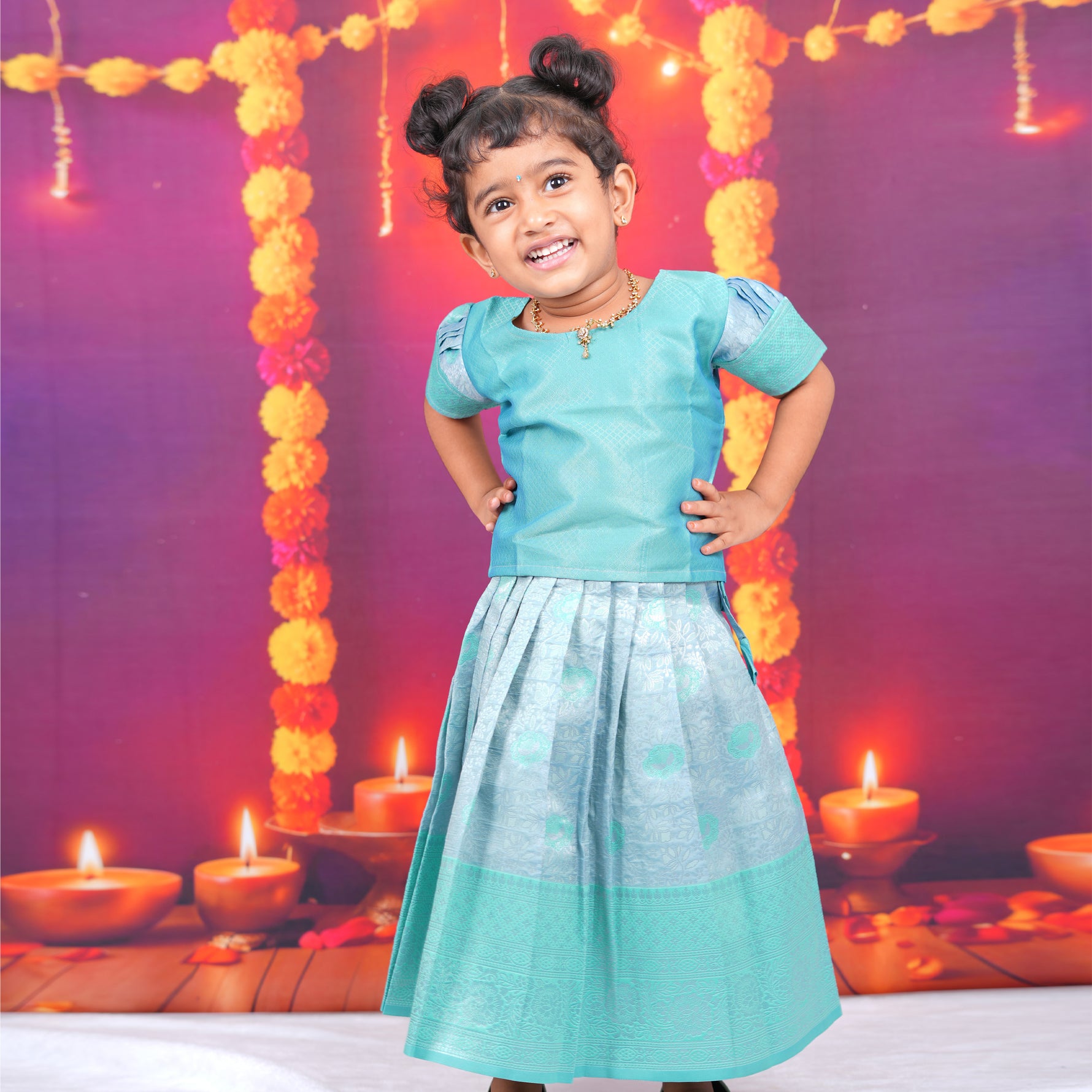 Aqua Blue and Sky Blue Brocade Lehenga Set for Girls - Elegant Festive Wear Boon Babies