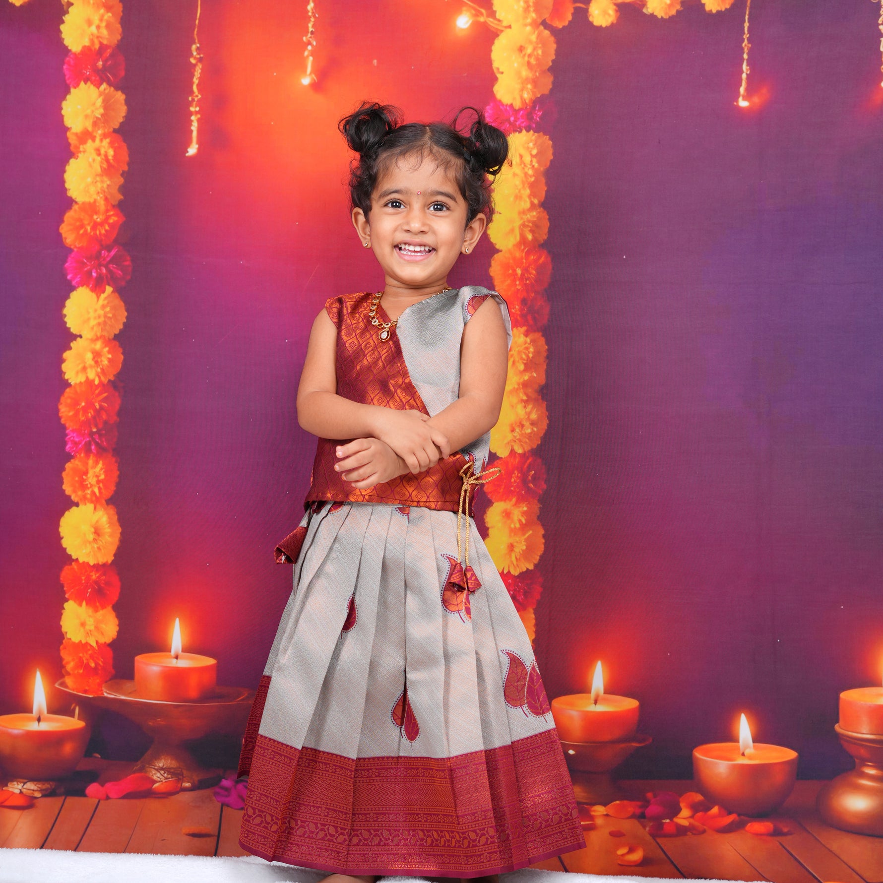 Copper Red and Silver-Grey Lehenga Set for Girls Boon Babies