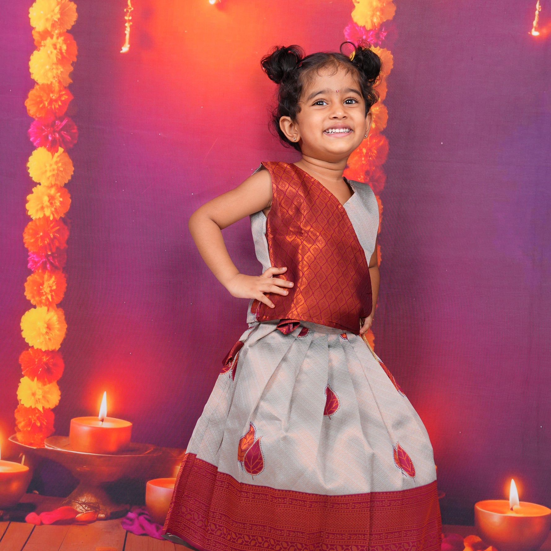 Copper Red and Silver-Grey Lehenga Set for Girls Boon Babies