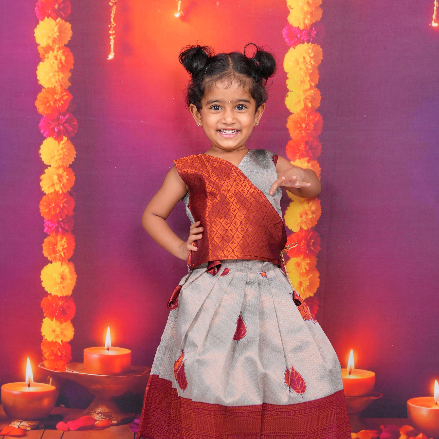 Copper Red and Silver-Grey Lehenga Set for Girls Boon Babies