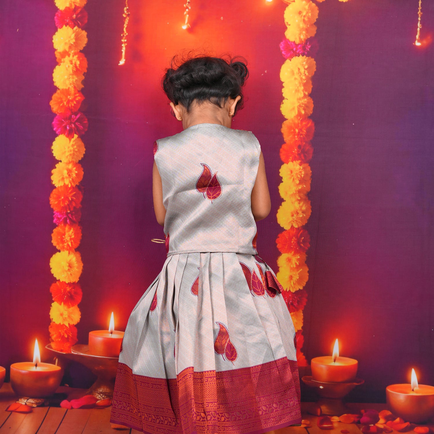 Copper Red and Silver-Grey Lehenga Set for Girls Boon Babies