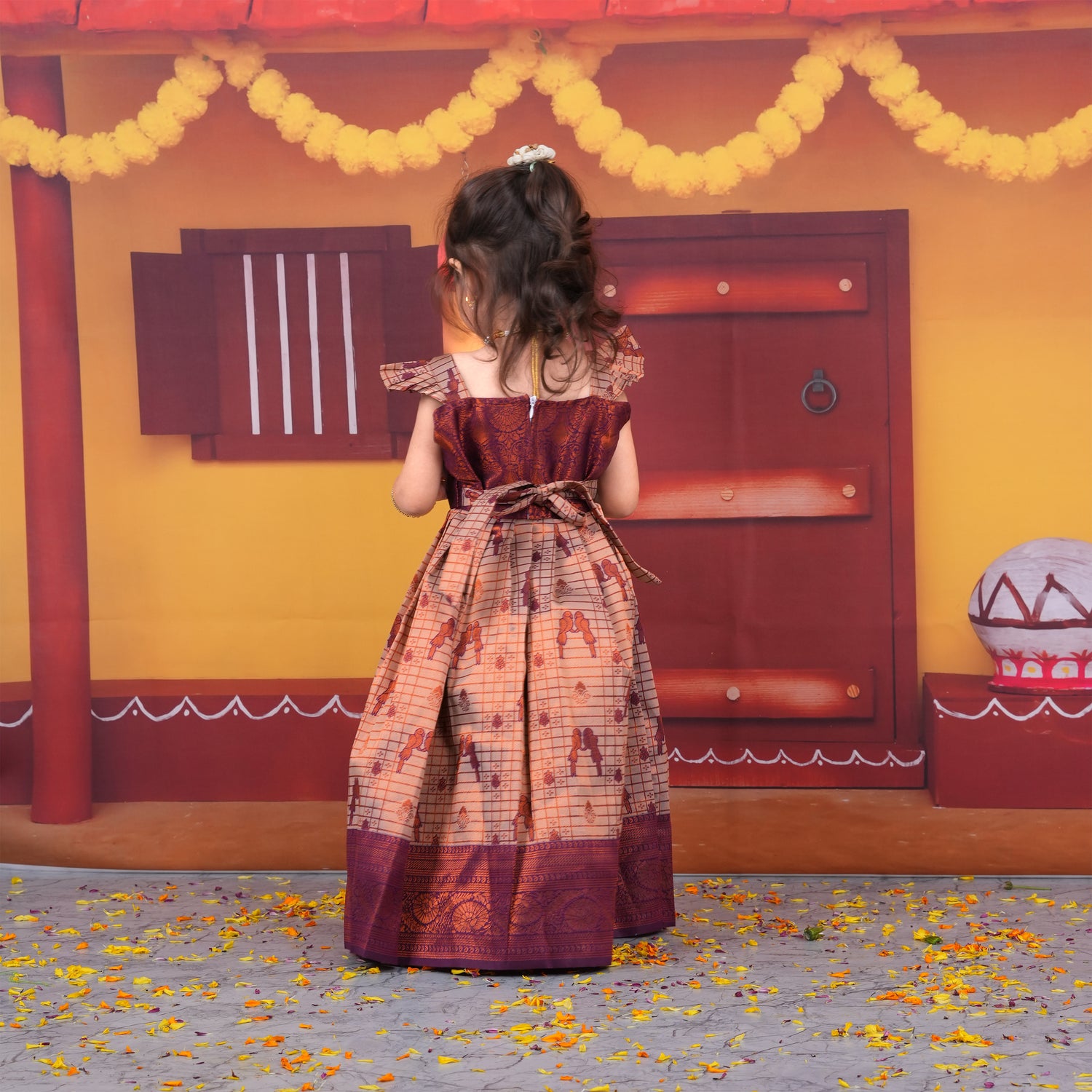 Regal Maroon and Gold Ethnic Pattu Pavadai Set for Girls Boon Babies