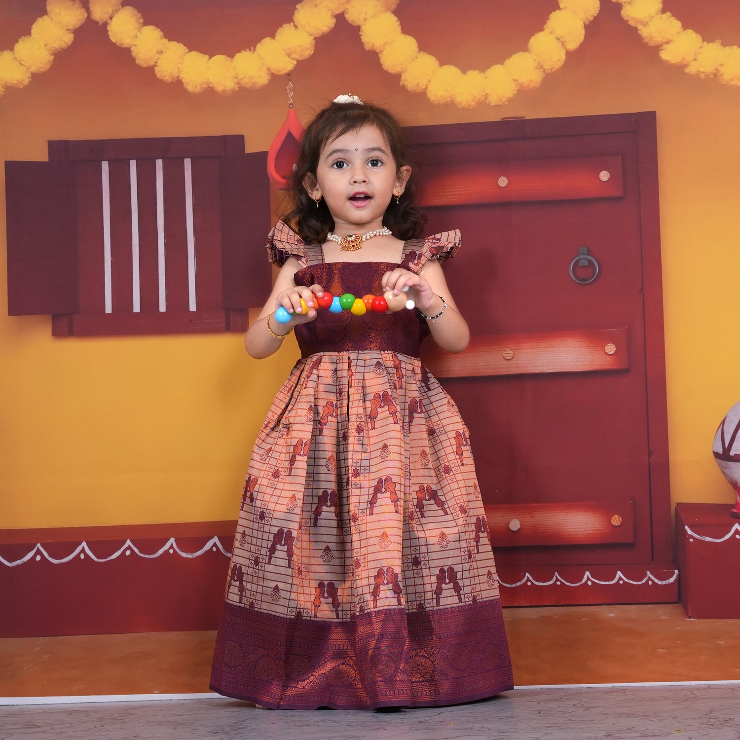 Regal Maroon and Gold Ethnic Pattu Pavadai Set for Girls Boon Babies