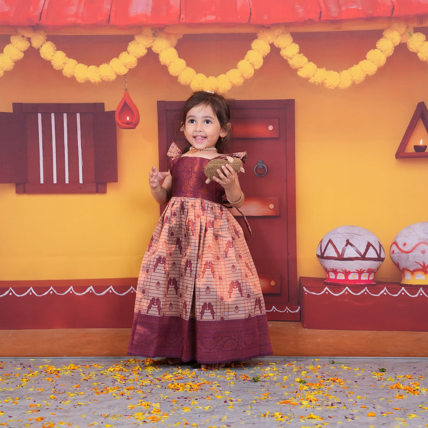 Regal Maroon and Gold Ethnic Pattu Pavadai Set for Girls Boon Babies