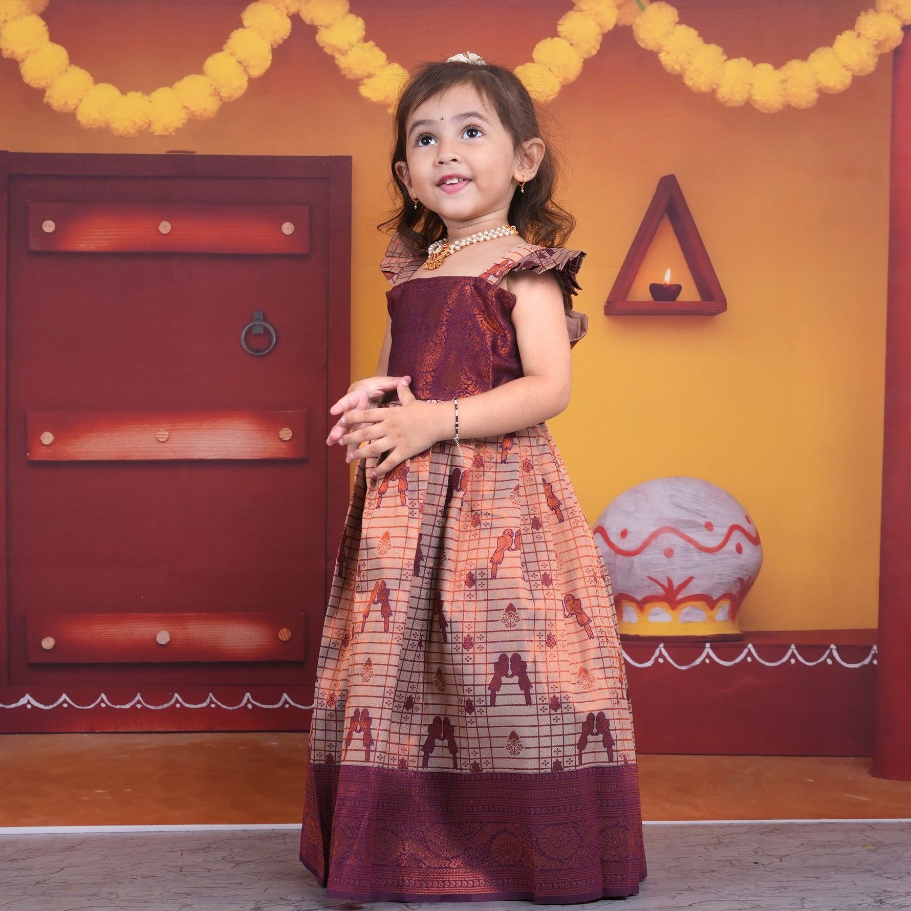 Regal Maroon and Gold Ethnic Pattu Pavadai Set for Girls Boon Babies