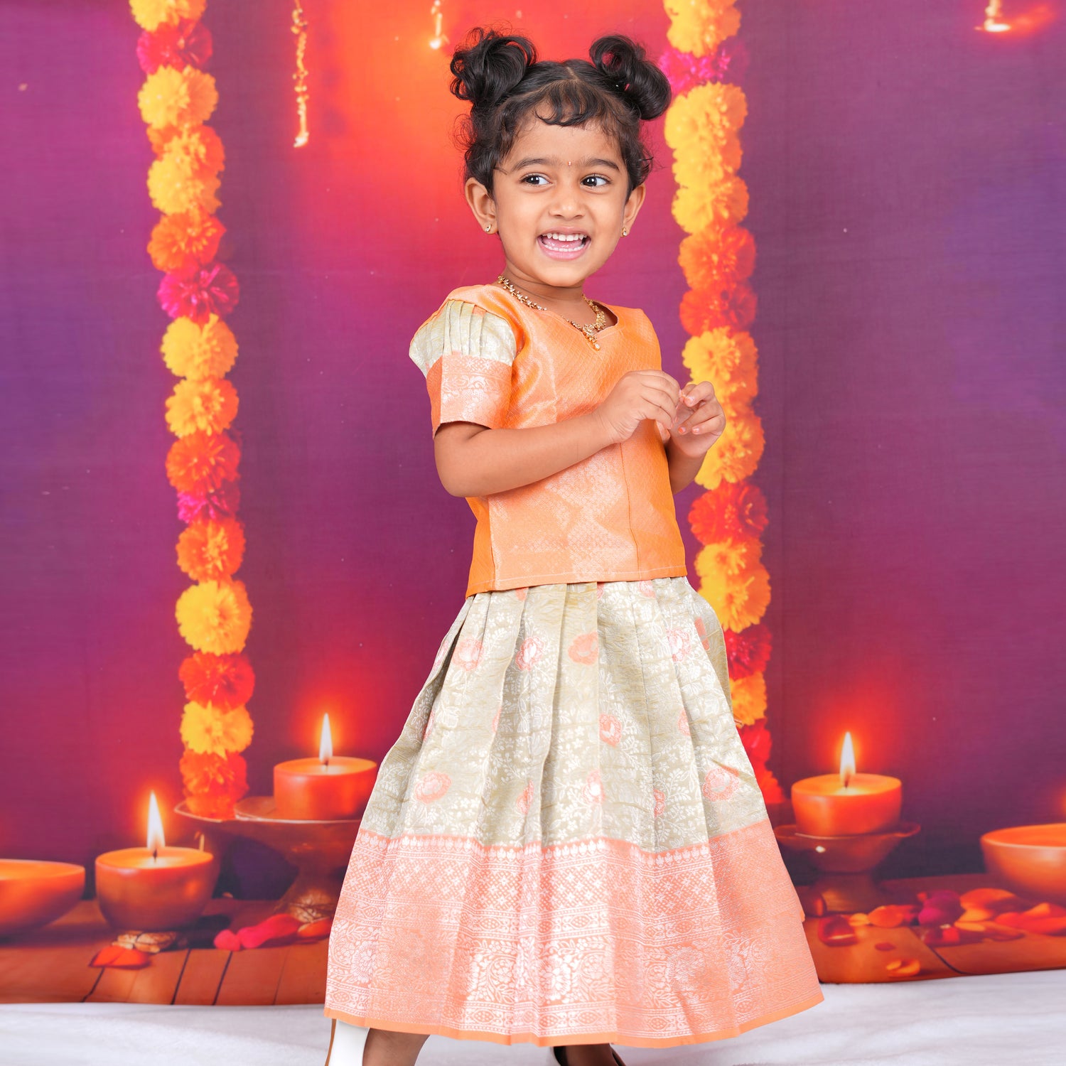 Orange and Cream Brocade Lehenga Set for Girls Boon Babies