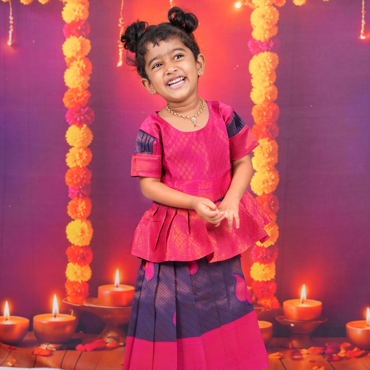 Magenta and Navy Blue Brocade Lehenga Set for Girls Boon Babies