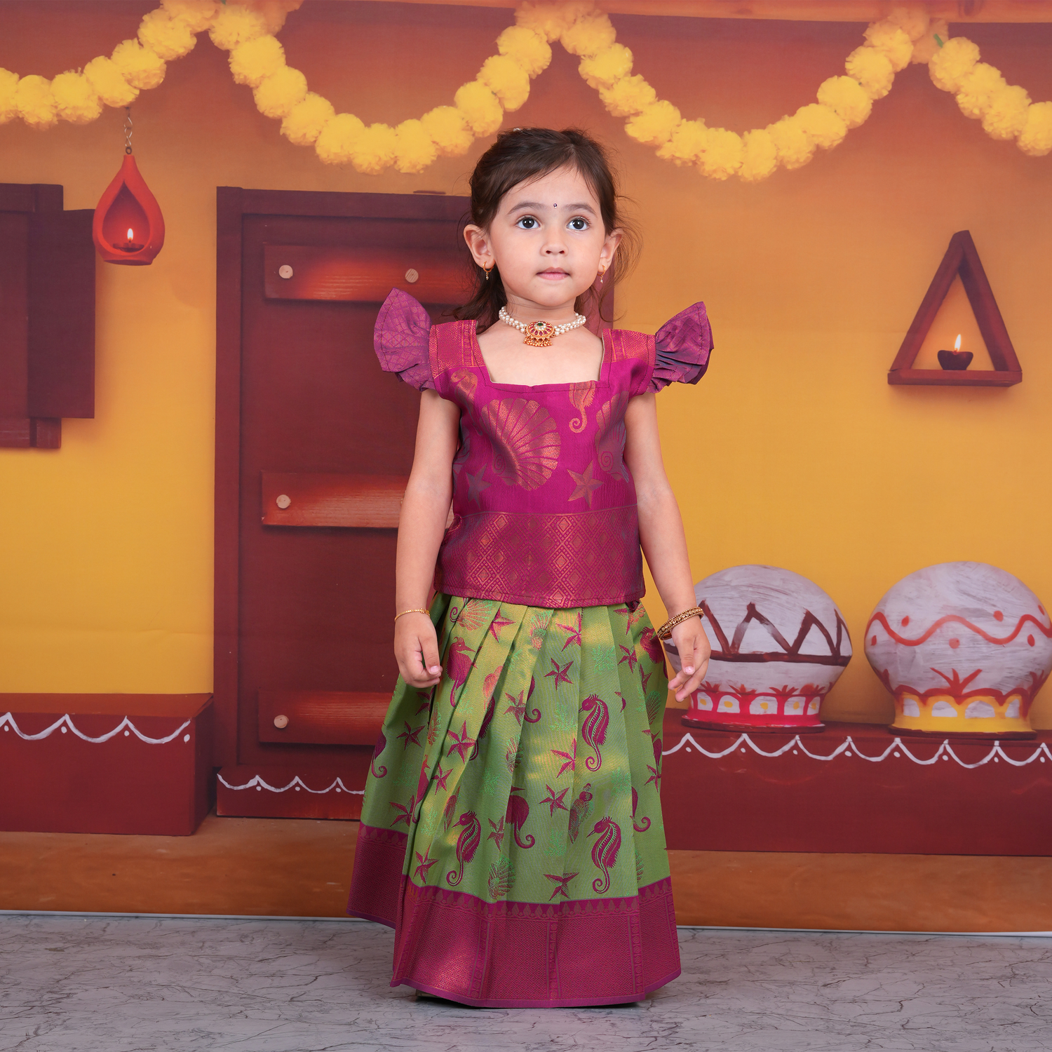 Pink and Green Sea-Themed Lehenga Set for Girls Boon Babies