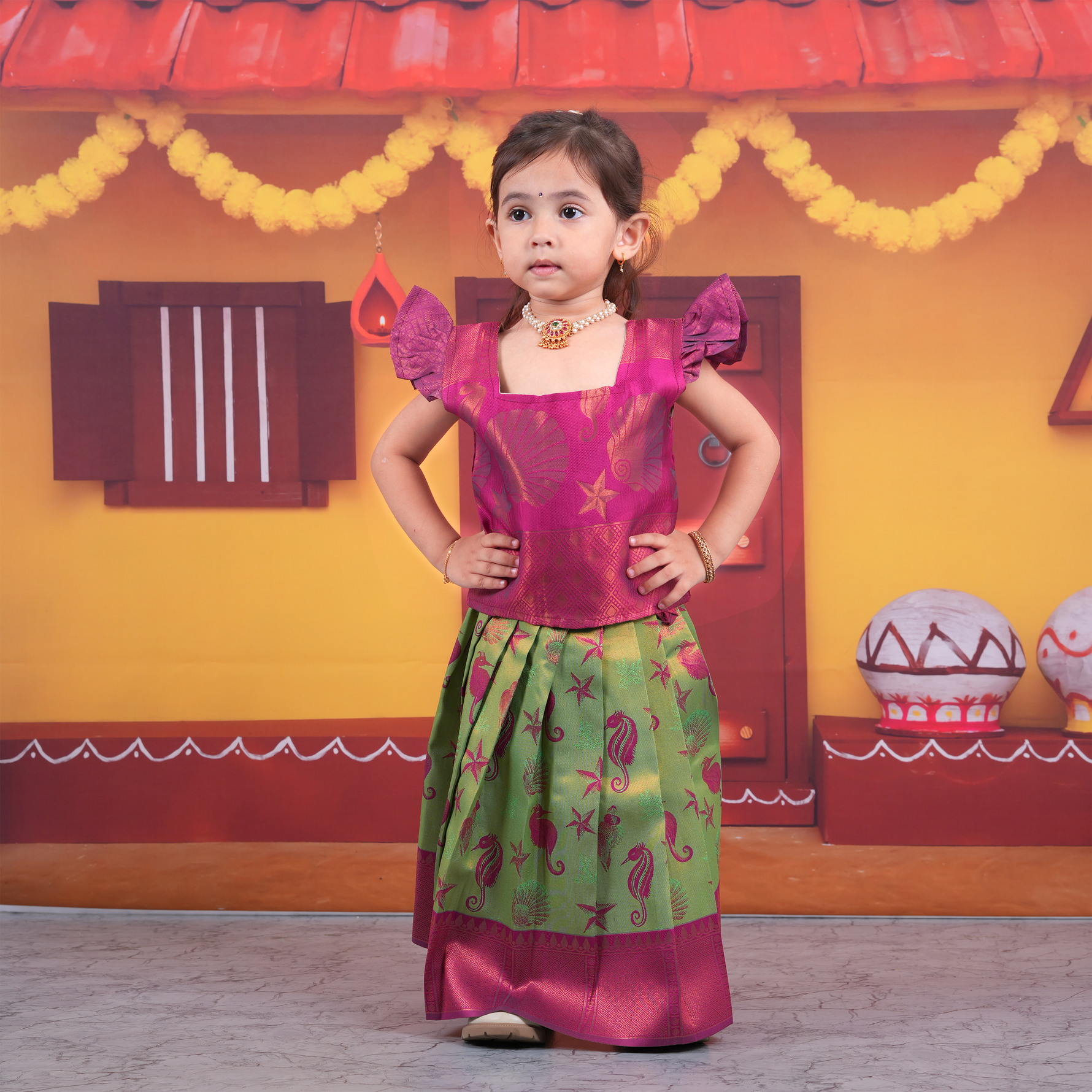 Pink and Green Sea-Themed Lehenga Set for Girls Boon Babies