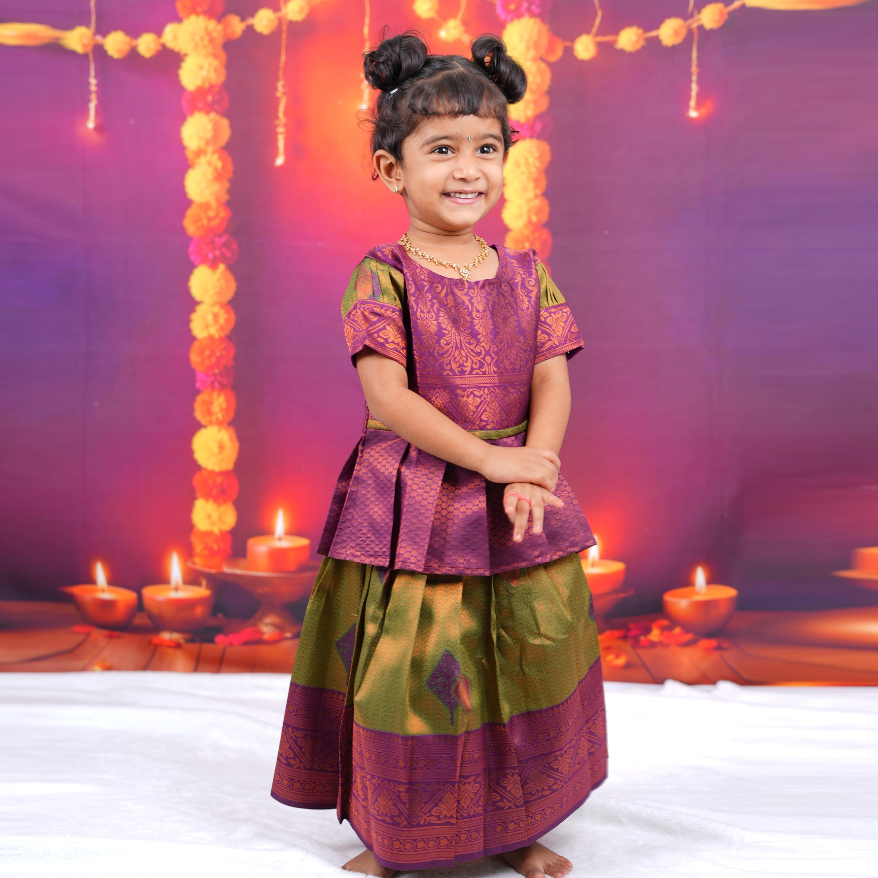 Purple and Olive Green Brocade Lehenga Set for Girls Boon Babies