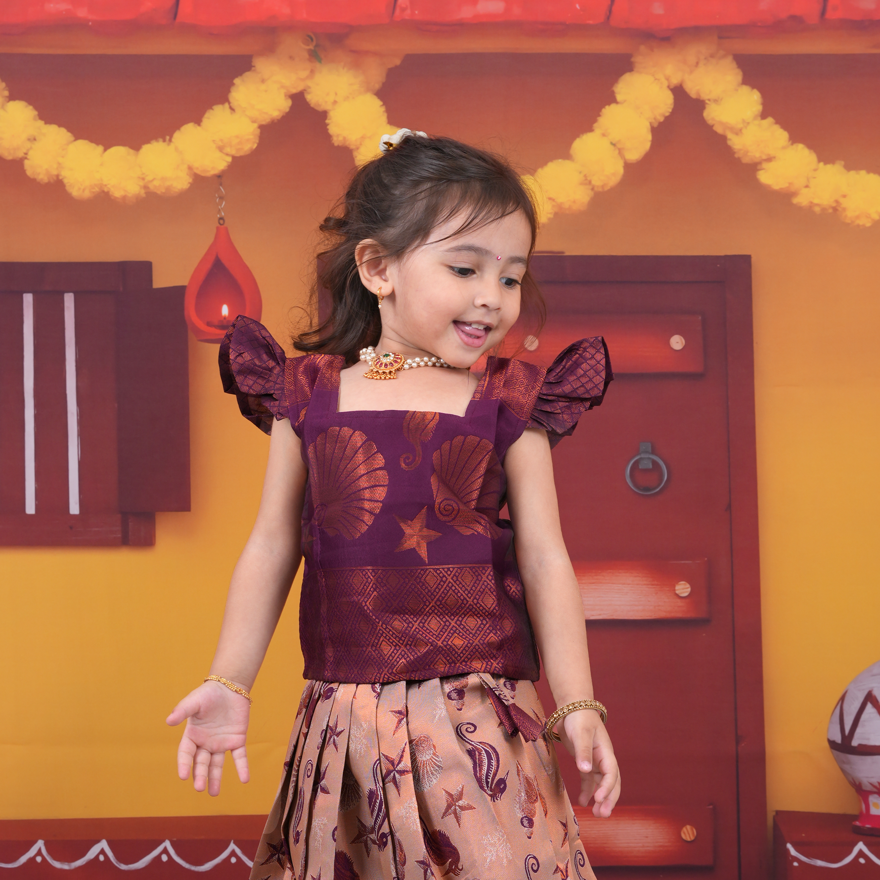 Royal Purple and Gold Ethnic Pattu Pavadai Set for Girls Boon Babies