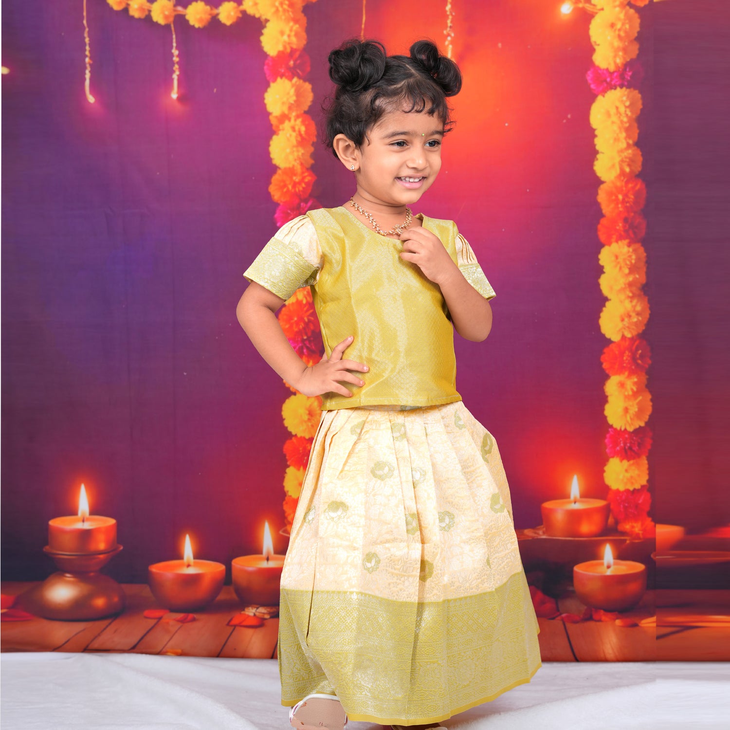 Mustard Yellow and Cream Brocade Lehenga Set for Girls Boon Babies