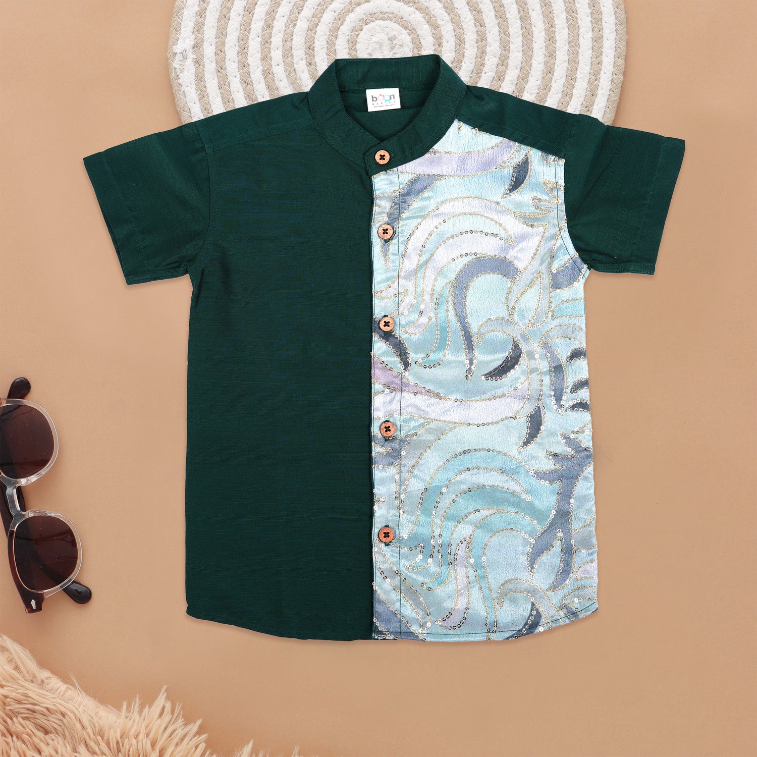 Emerald Green Boys Ethnic Silk Shirt & Dhoti with Embellishments