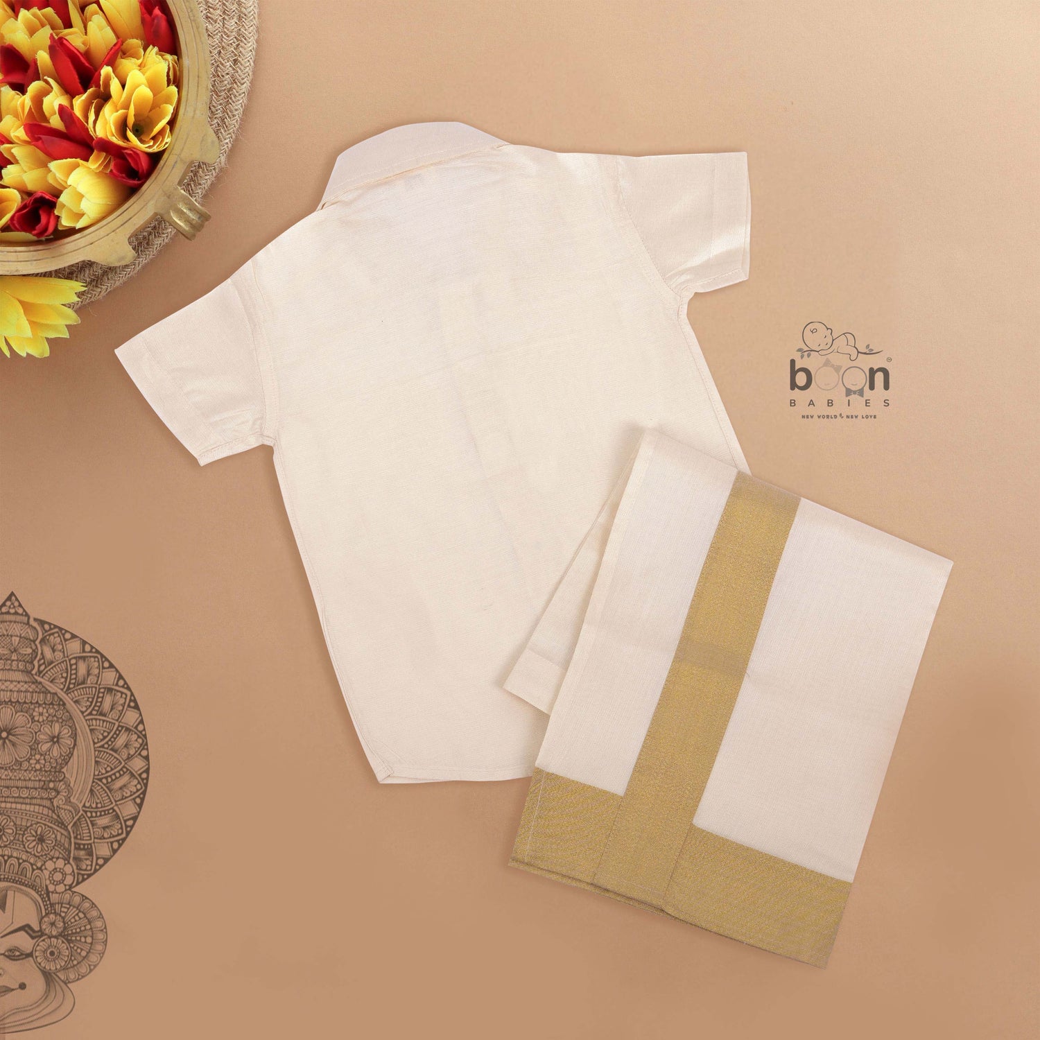 Sandal silk dhoti set with golden zari border for boys (6M–5Y). Elegant & comfortable festive wear for Onam celebrations.