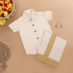 Sandal silk dhoti set with golden zari border for boys (6M–5Y). Elegant & comfortable festive wear for Onam celebrations.