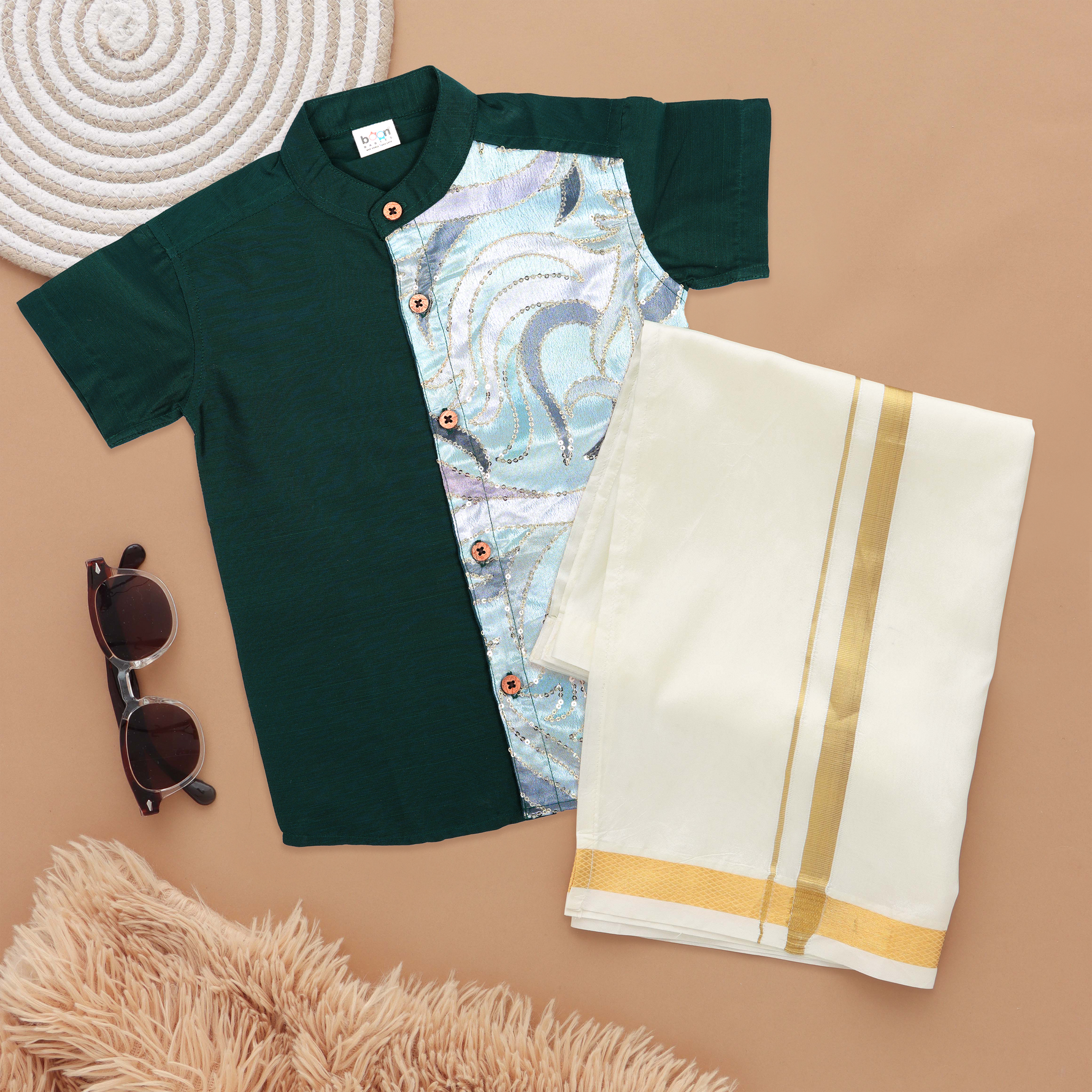 Emerald Green Boys Ethnic Silk Shirt & Dhoti with Embellishments Boon Babies
